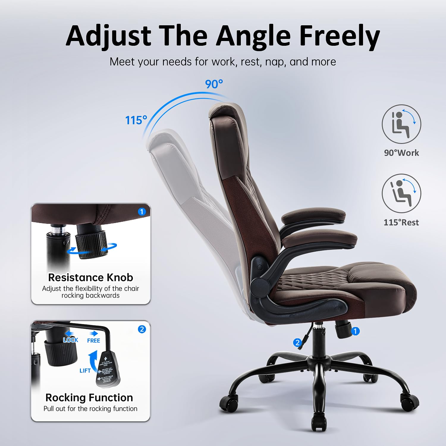 Premium Ergonomic Office Chair - Executive Leather Desk Chair with Adjustable Flip-Up Arms, Lumbar Support & Swivel Rocking Function - Perfect for Home Office, Computer Work & Gaming (Brown)