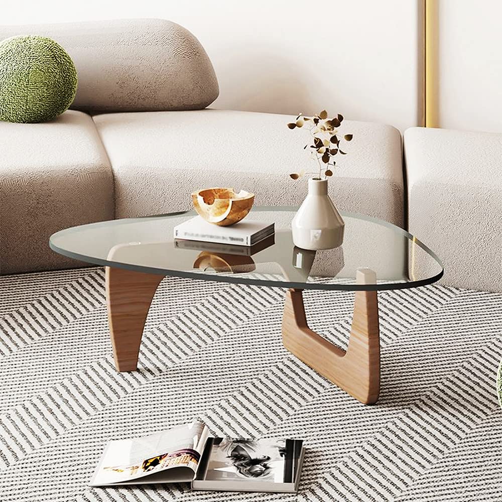Modern Triangle Glass Coffee Table for Living Room - 43 Inch Tempered Glass Top & Solid Wood Base - Accent Cocktail Tea Table for Sofa Side - Easy Assembly & Cleaning - Perfect for Small Spaces, Apartments and Contemporary Home Decor