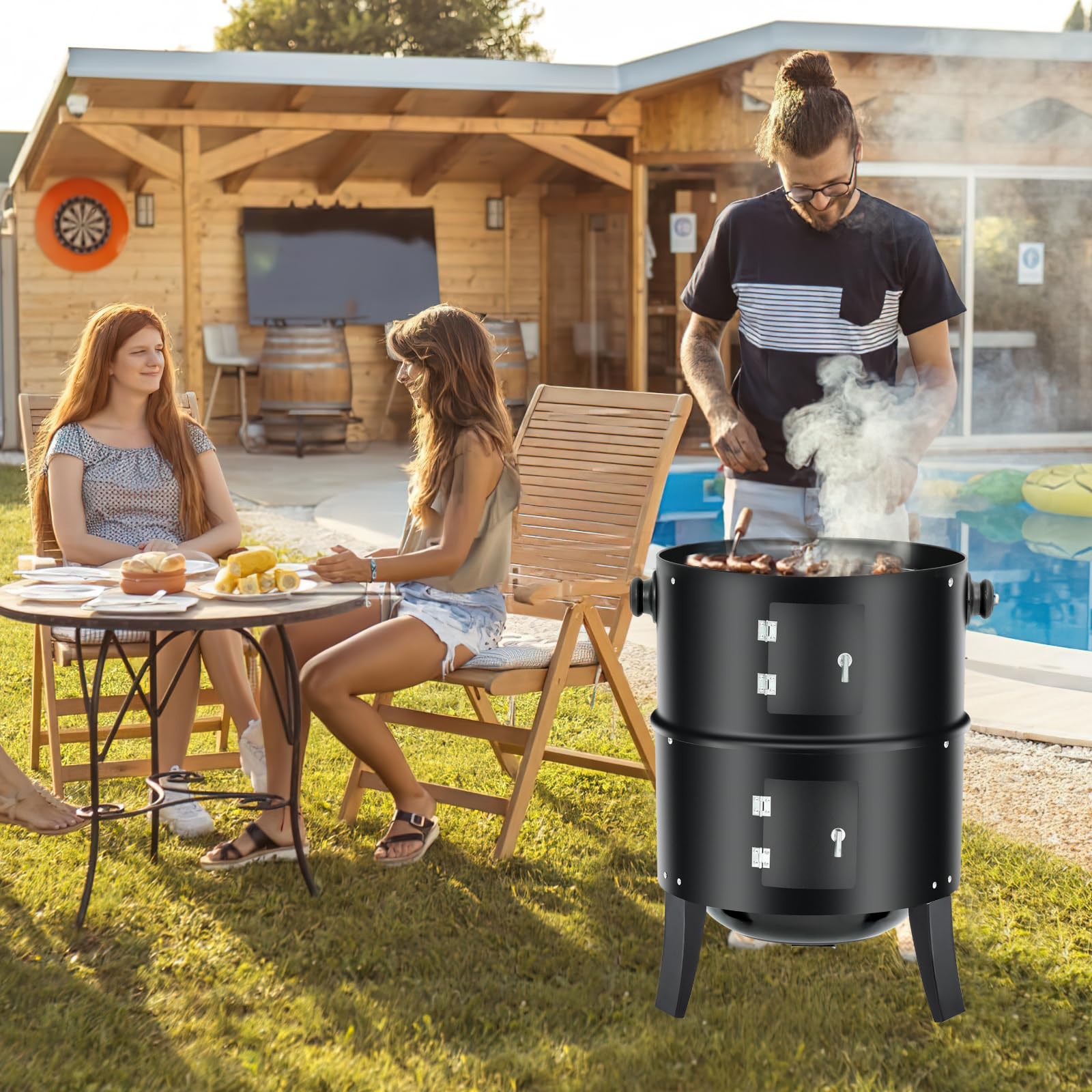 3-in-1 Vertical Charcoal Smoker Grill - 16 Inch Portable Outdoor BBQ Smoker with Built-in Thermometer, Air Vent & 2 Doors - Perfect for Backyard, Camping, Tailgating & Patio Parties