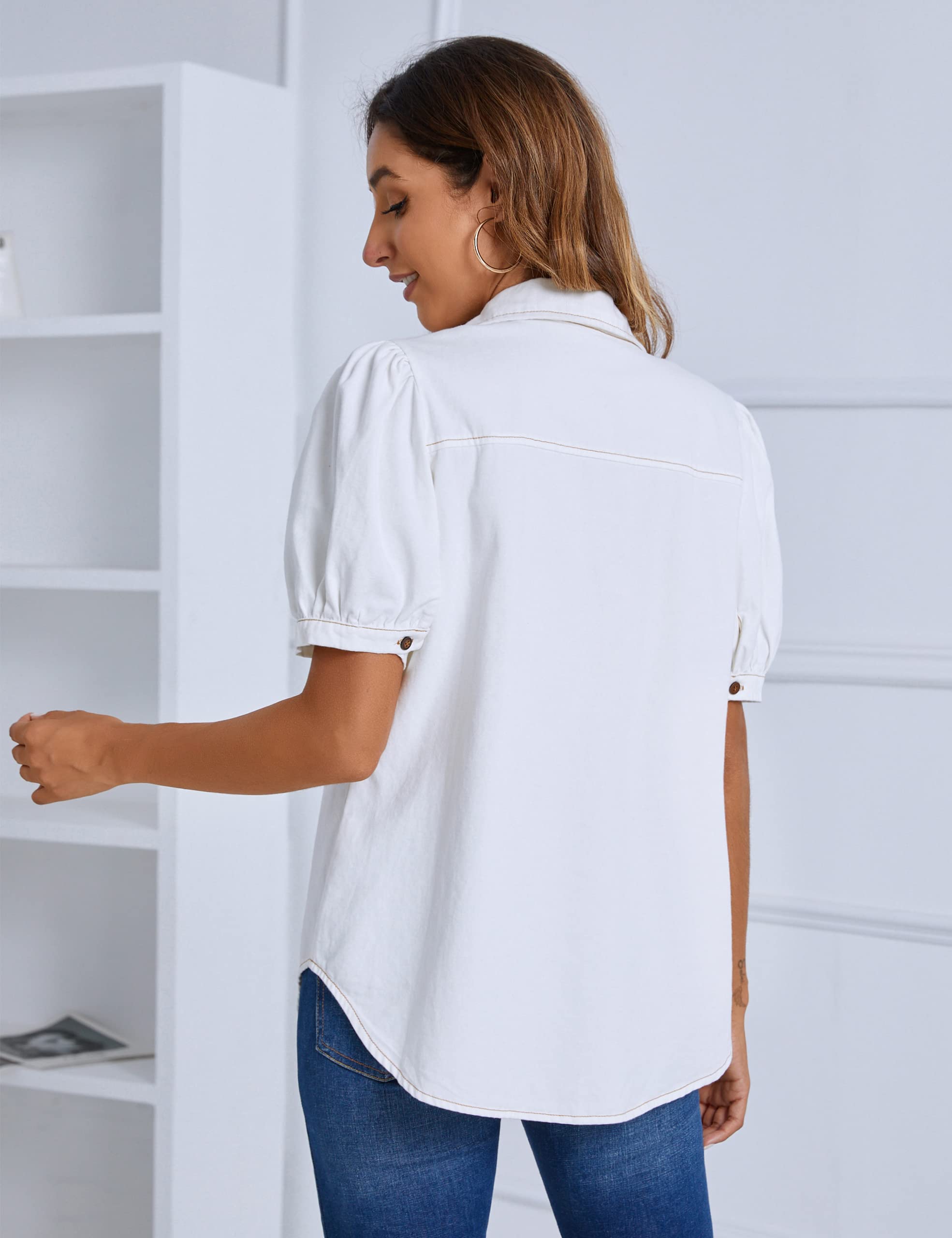 BMJL Women's Denim Shirt - Business Casual Button Down Blouse with Puff Sleeves for Summer | Office Wear, Weekend Outfits & Casual Date Night Tops