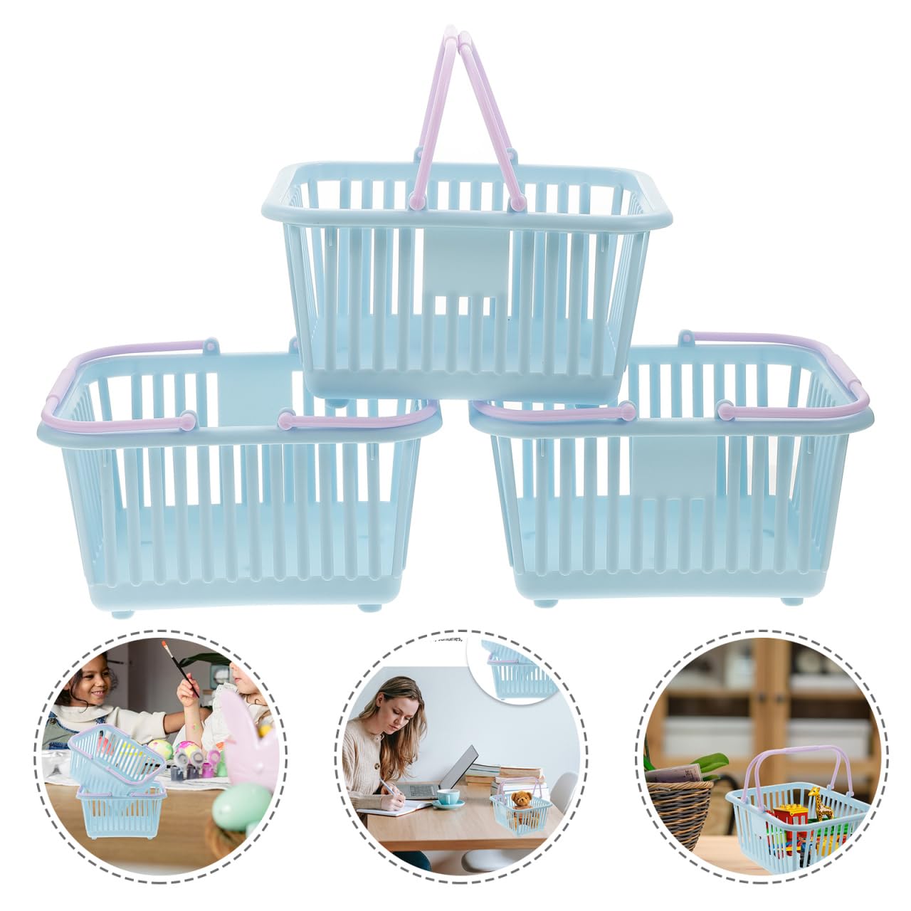 3-Piece Plastic Storage Baskets with Handles - Small Toy Organizer, Desktop Sundries Basket & Shopping Baskets in Sky Blue - Perfect for Kids' Room, Office Organization & Retail Displays