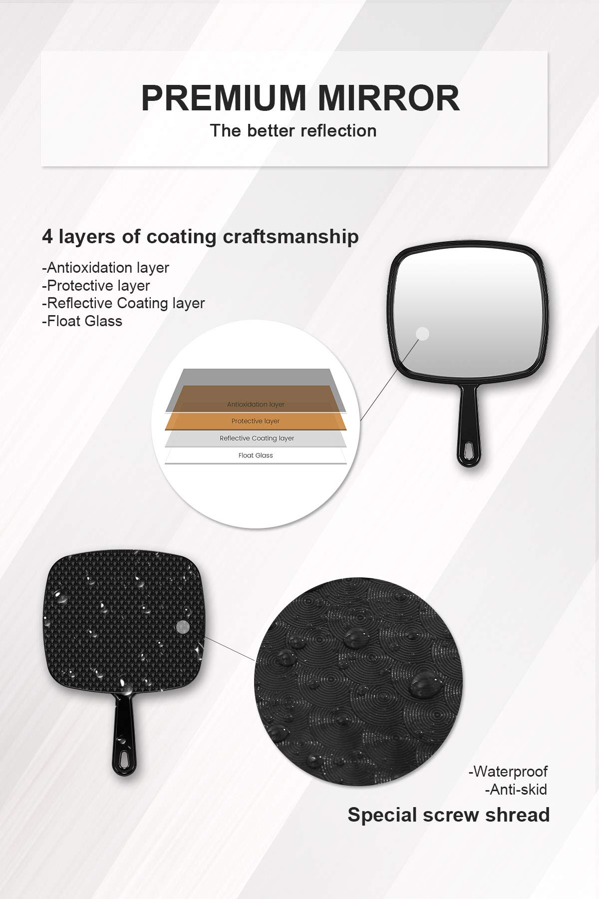 Mirrornova Extra Large Square Hand Mirror with Handle - Professional Barber & Hairdressing Mirror for Salon, Home Styling, Makeup Application & Travel Use