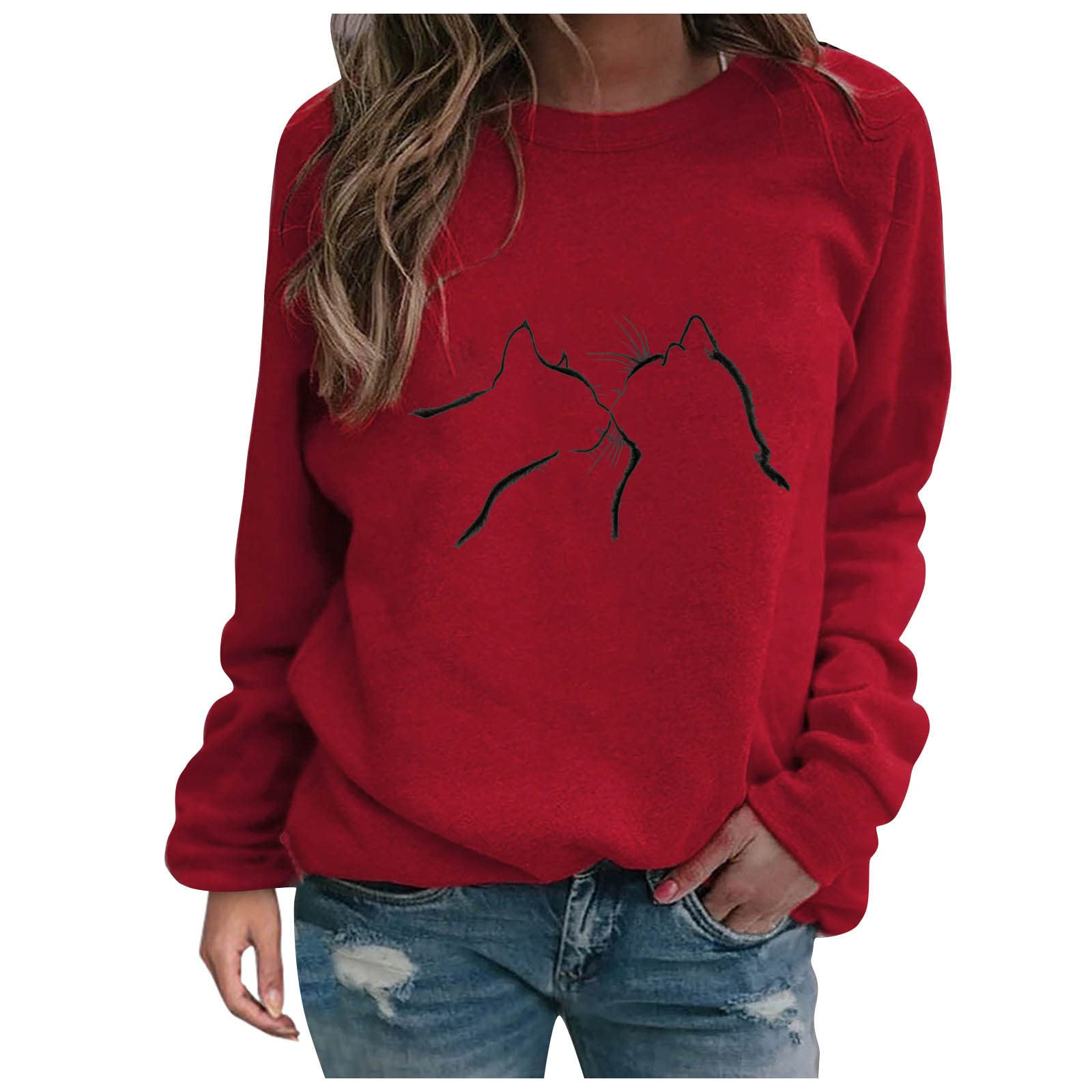 Women's Cute Cat Print Sweatshirt - Long Sleeve Pullover Round Neck T-Shirt Blouse - Loungewear & Casual Wear (Sizes Small-5XL) - Perfect for Everyday Wear, Lounge Relaxing, and Street Fashion