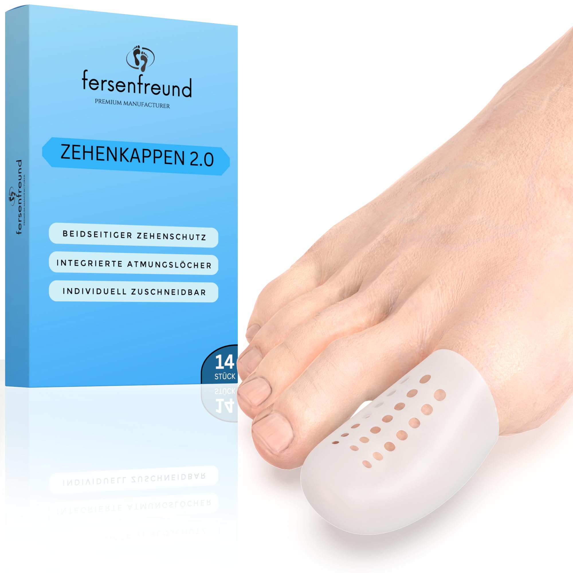 FERSENFREUND© 14 Large Premium Silicone Toe Protectors - Anti Blister Toe Caps & Pads for Running, Hiking & Dance - Comfortable Toe Plasters for Sports & Daily Wear
