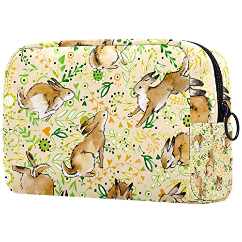 Easter Bunny Rabbit Leaf Pattern Portable Makeup Bag for Women - Printed Travel Cosmetic Pouch & Toiletry Organizer | Perfect for Easter Gifts, Vacation Trips, and Daily Beauty Essentials