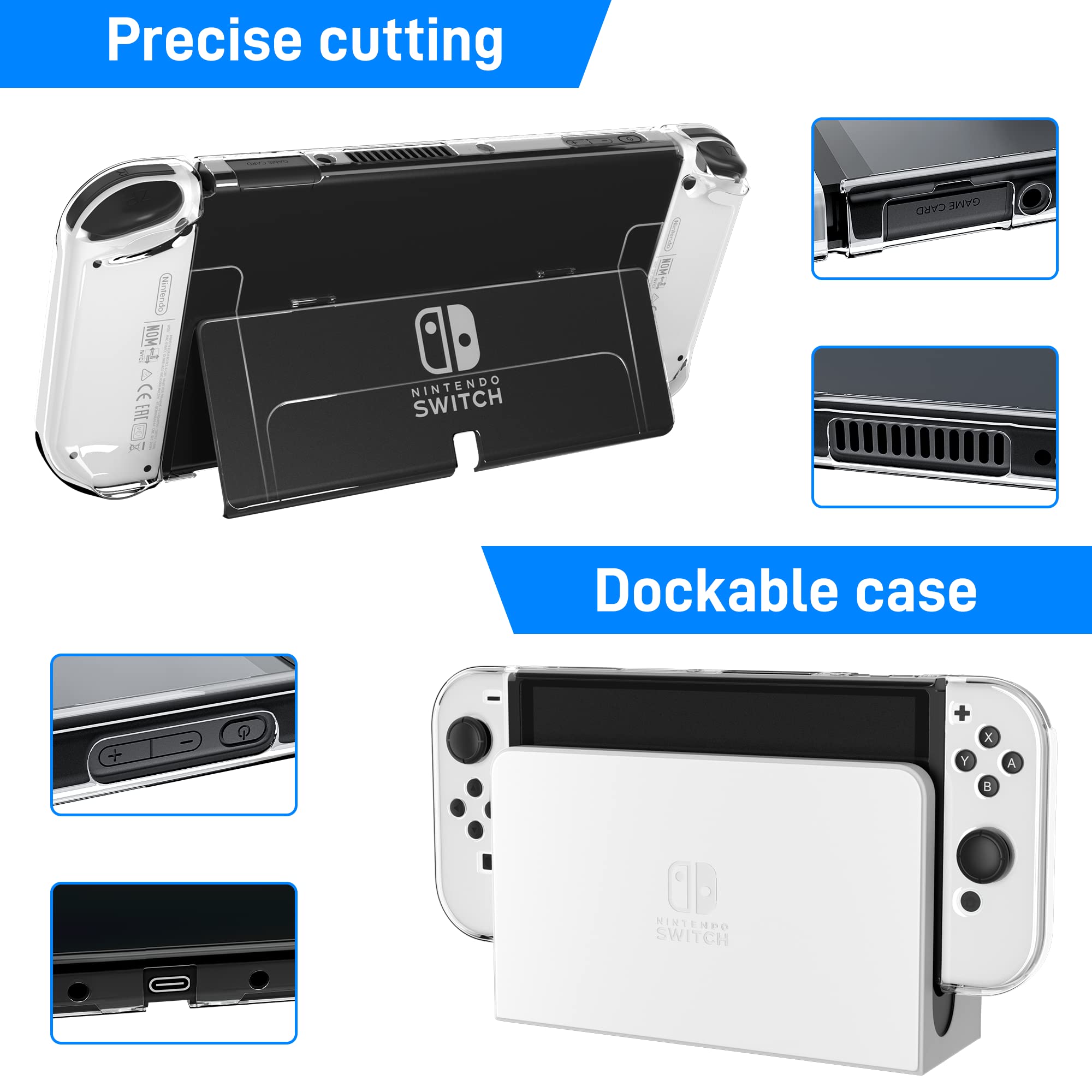 RHOTALL 3 in 1 Clear Protective Case for Nintendo Switch OLED - Dockable Transparent Shell with Shock Absorption & Anti-Scratch | Compatible with Switch OLED Console & Joy-Con Controllers | Perfect for Gaming, Travel & Home Entertainment Protection