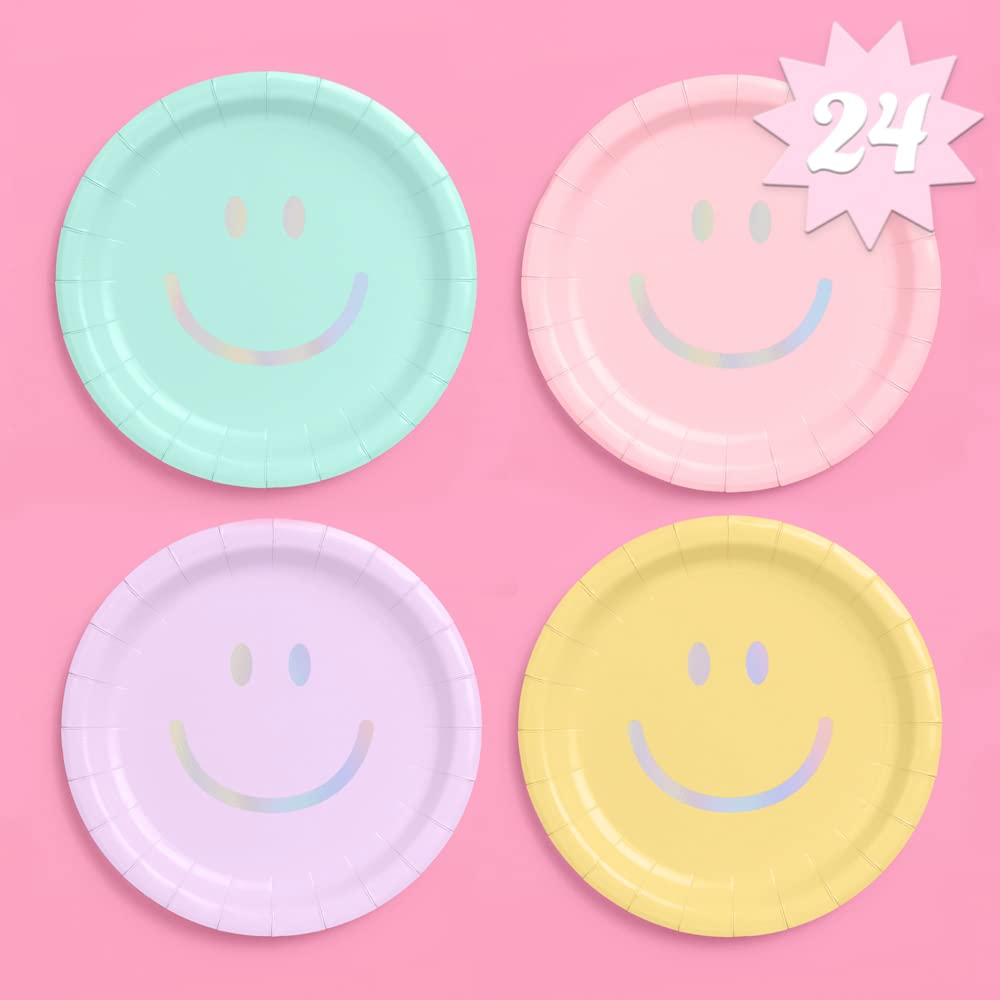 Fetti Smiley Paper Plates - 24 Pack, 9 Inch | Pastel Birthday Party Supplies, Bachelorette Party Decorations, Cake Serving Plates for Celebrations, Baby Showers & Dessert Tables