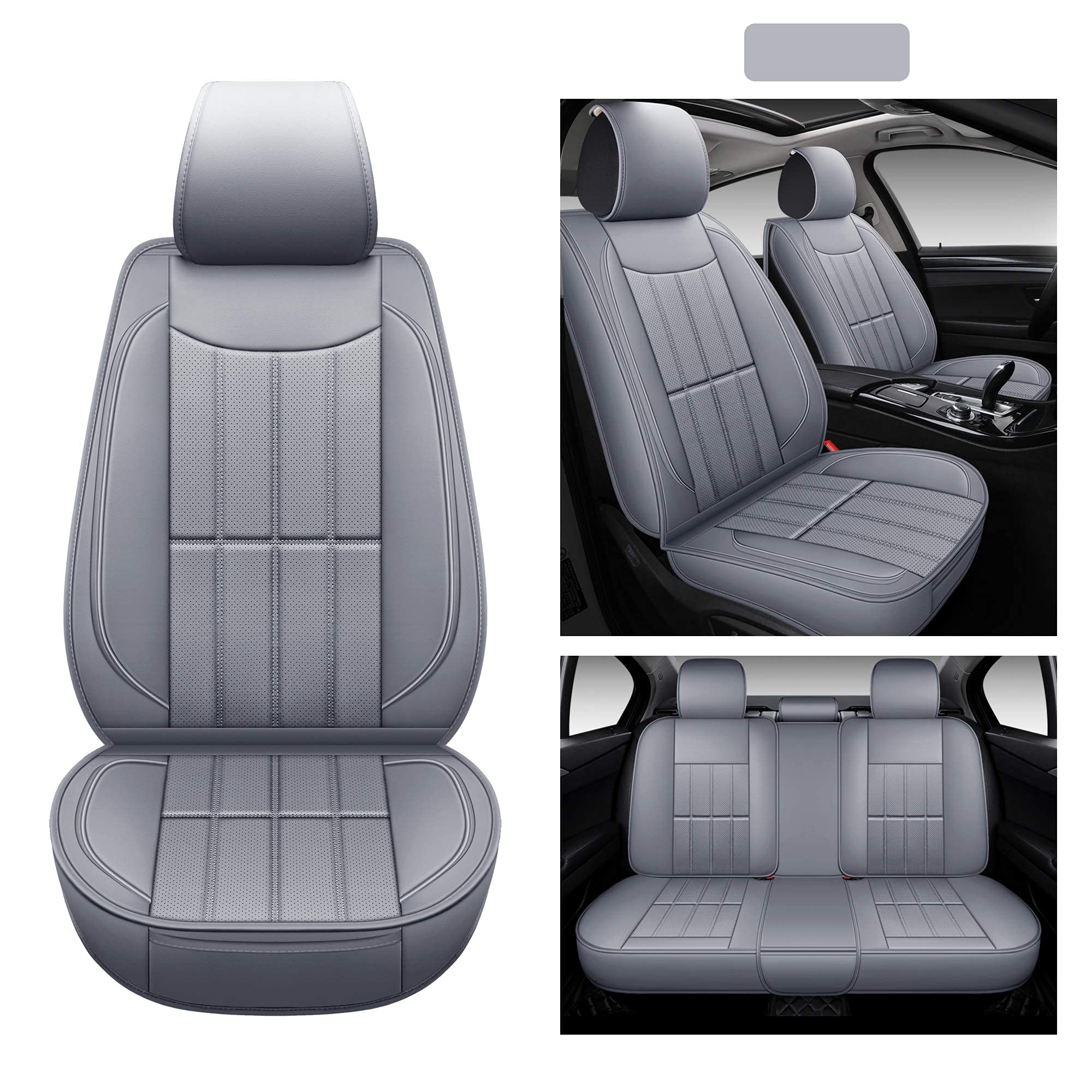 Premium AOOG Leather Car Seat Covers - Universal Fit for Cars, SUVs & Trucks | Waterproof, Non-Slip Leatherette Auto Interior Accessories | Full Set in Elegant Gray | Perfect for Daily Commute, Road Trips & Vehicle Protection