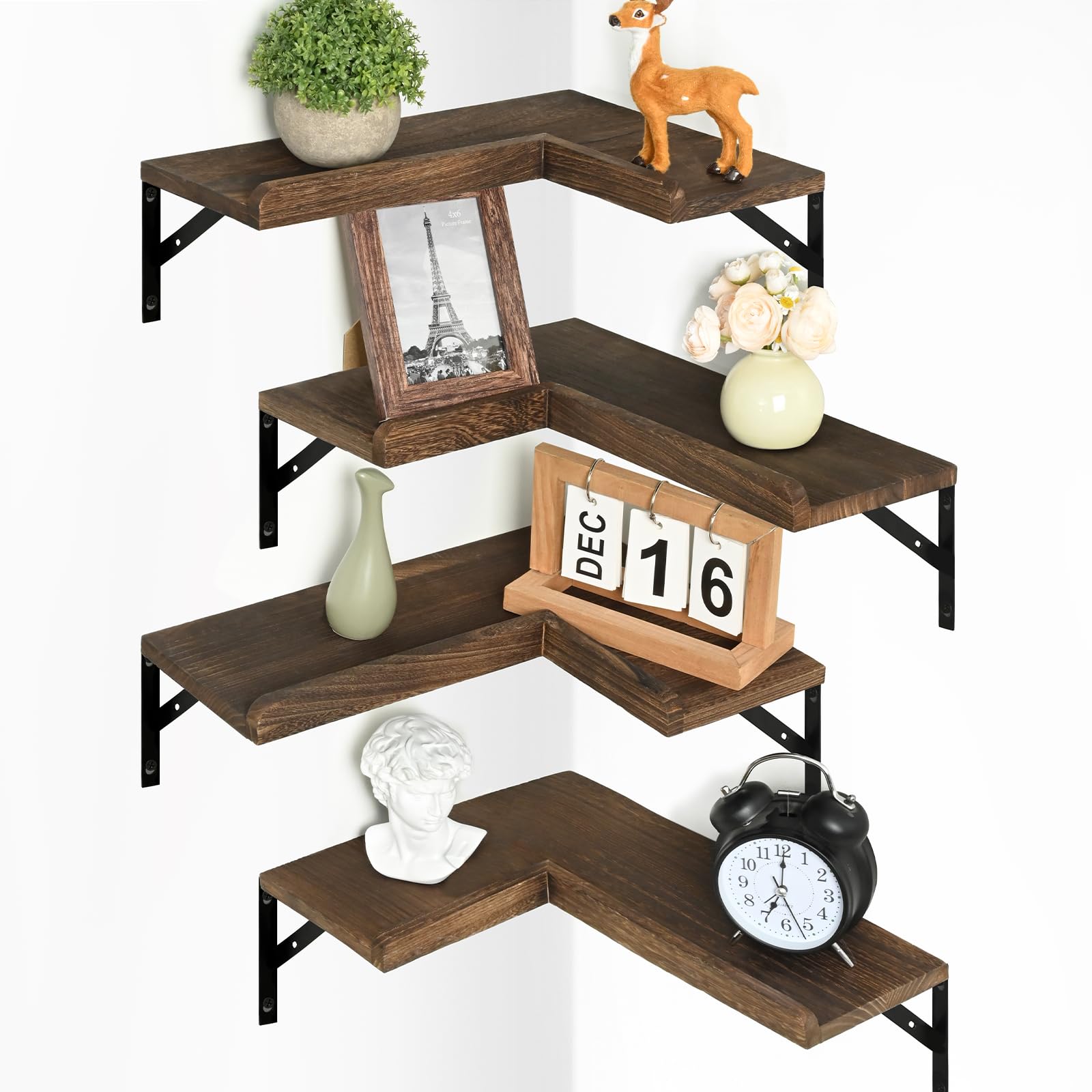 4 Tier Corner Floating Shelves with Protective Lip - Rustic Wooden Wall Mount Storage Shelves for Bathroom, Bedroom, Kitchen & Living Room - Space Saving Corner Shelf Organizer for Home Decor & Display