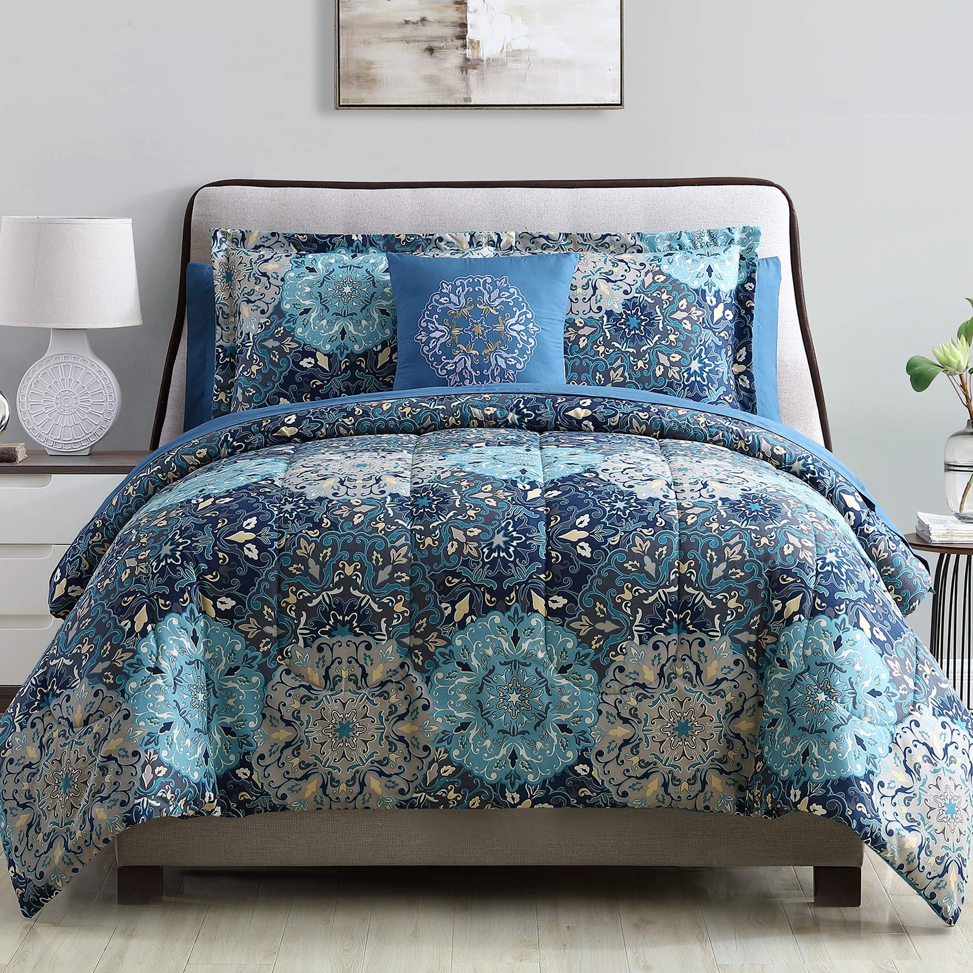 Modern Threads Granada Collection Reversible Microfiber Comforter Set - Elegant Printed Bedding Set with Comforter, Sheets, Shams & Pillow - Luxury Bedroom Decor for Master Bedroom, Guest Room & Dorm