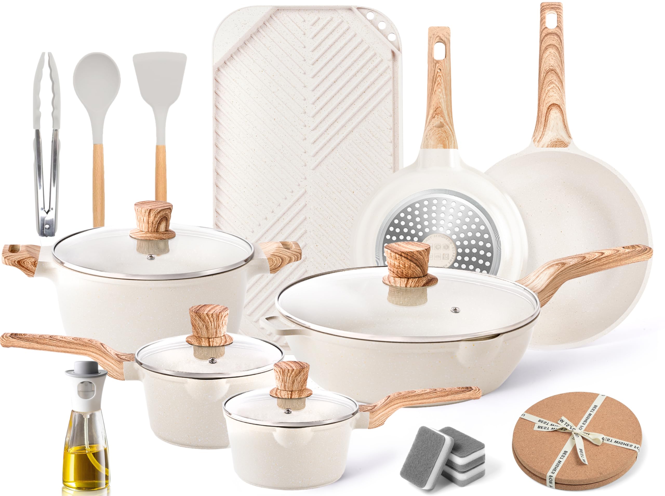 **Caannasweis 20-Piece Nonstick Cookware Set, Granite Coating Induction Pots & Pans – PFOS & PFOA Free, Grayish White Kitchen Cooking Set with Grill Griddle – Perfect for Home, Restaurant & RV Cooking**