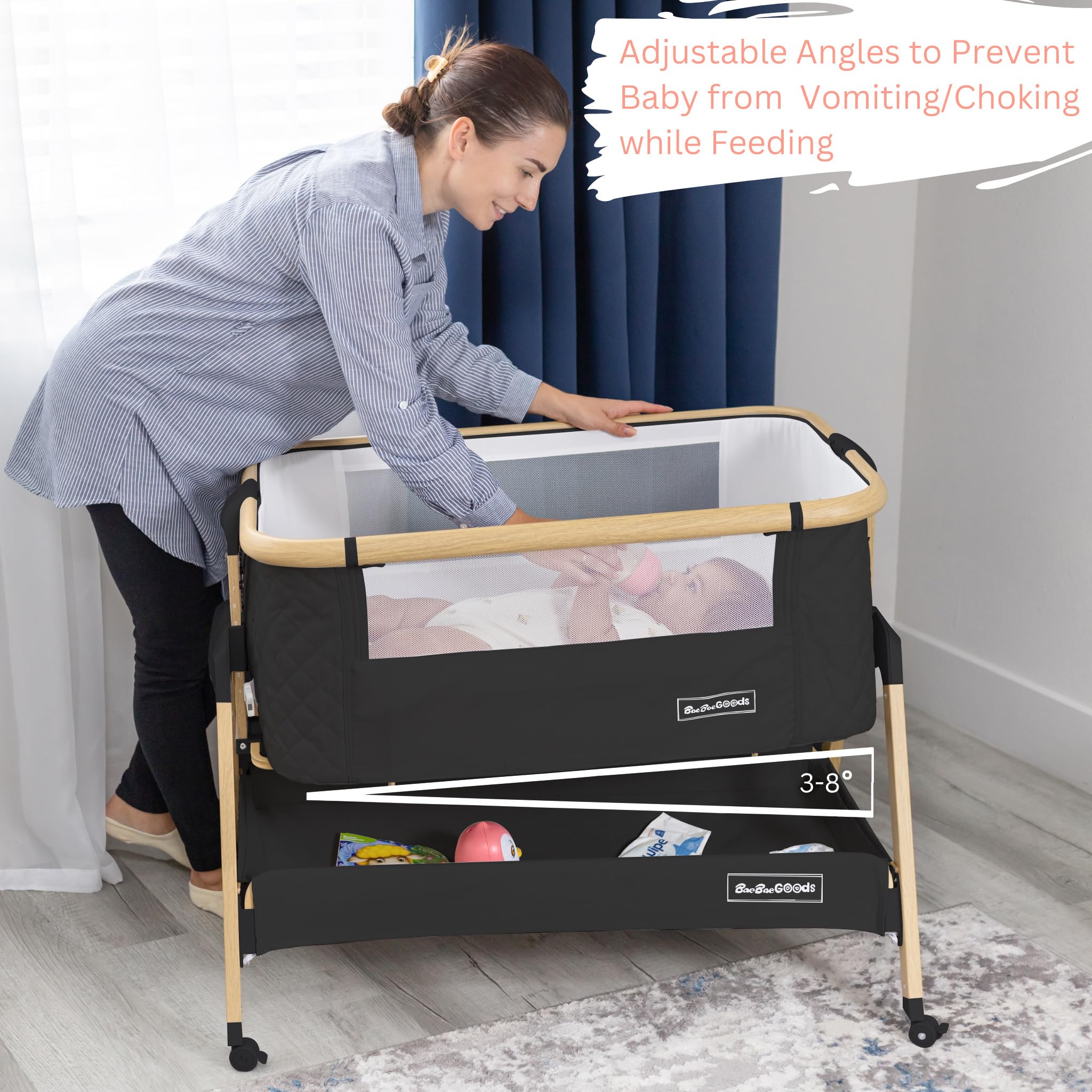 3 in 1 Portable Baby Bassinet with Wheels - Adjustable Bedside Sleeper Crib for Newborns & Infants, 7 Height Settings with Comfort Foam Mattress, Storage Basket & Carry Bag Included - Perfect for Nursery, Bedroom & Travel