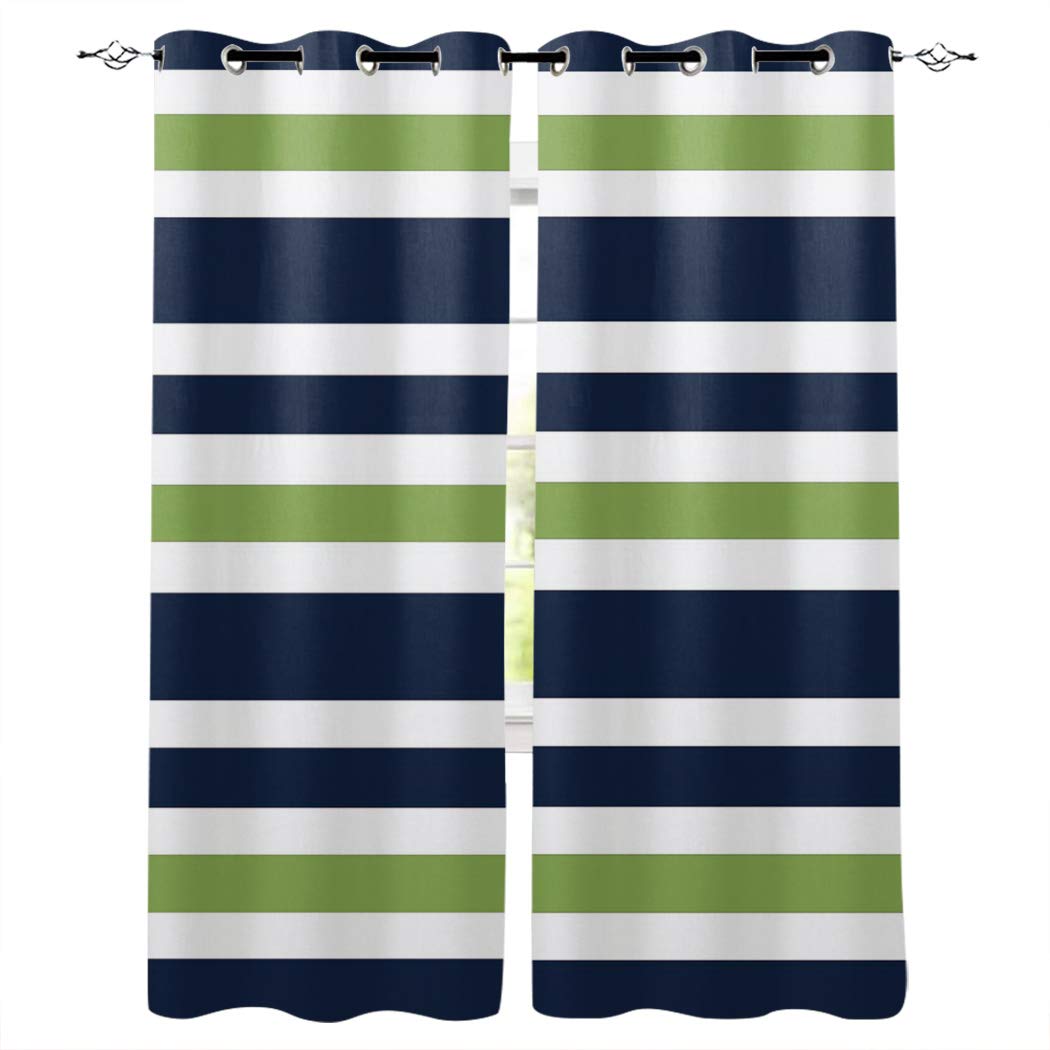 Navy Blue Curtains 84 Inch Length 2 Panels - Modern Window Treatments for Kitchen, Bathroom, Bedroom, Living Room & Patio Door - Light Filtering Shades in Lime Green & White Stripe - Perfect for Home Decor, Privacy & Sun Protection