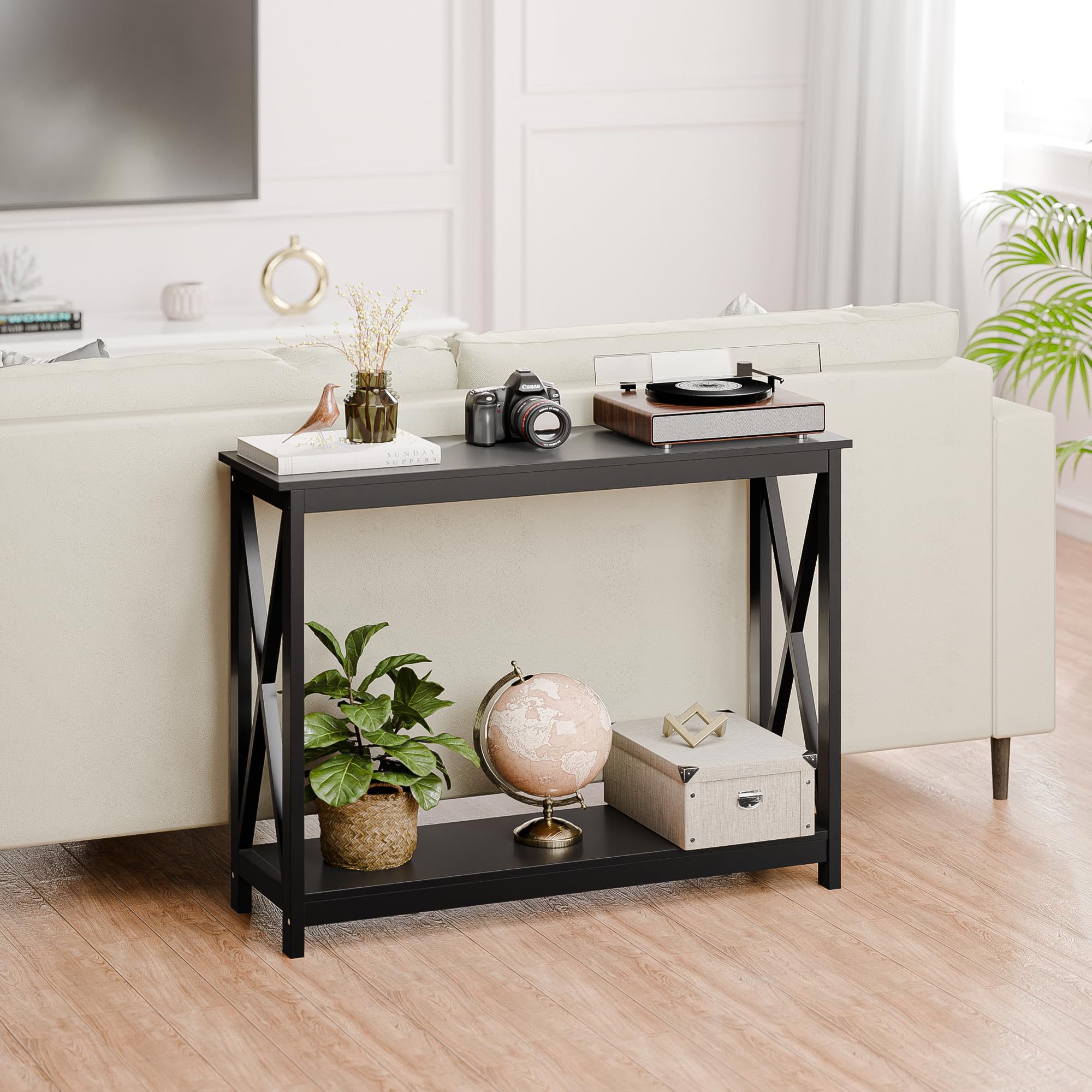 ZENY 2-Tier Console Table - Narrow Entryway Sofa Table with Shelves for Hallway, Foyer & Living Room - Modern Black Entrance Table for Small Spaces & Home Decor
