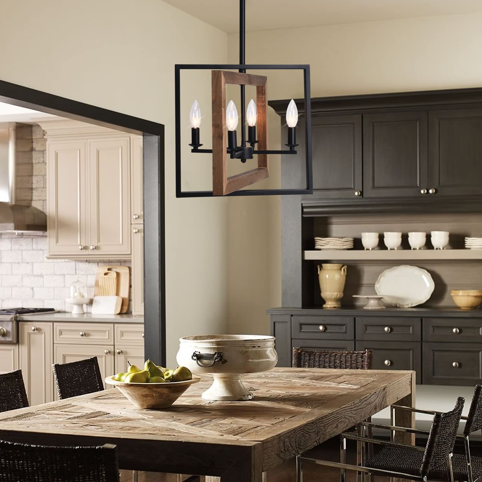 Farmhouse Chandelier - Rustic Wood & Metal Kitchen Island Pendant Light - Industrial Style Dining Room & Pool Table Lighting for Home Decor