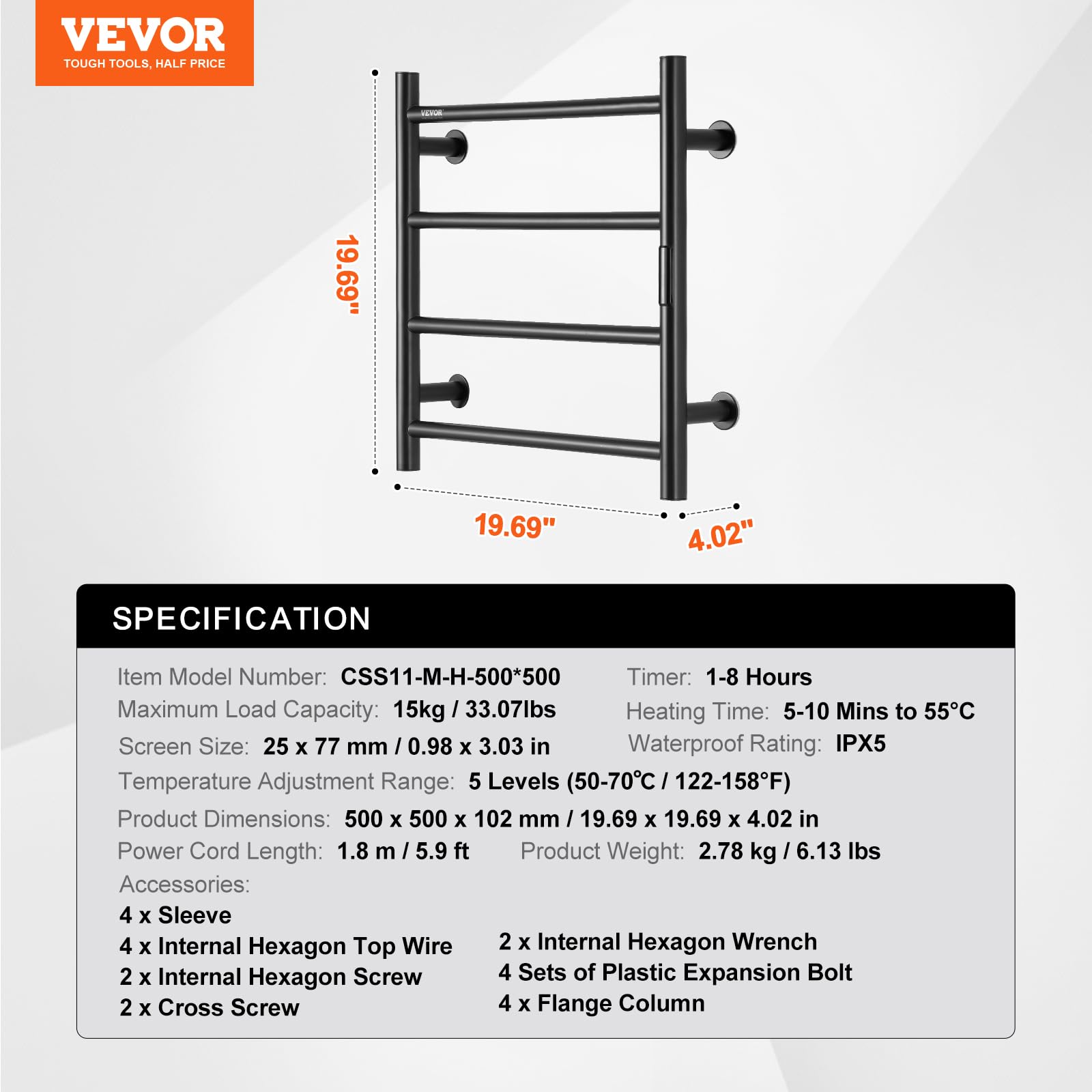 VEVOR 4-Bar Heated Towel Rack - Wall Mounted Bathroom Towel Warmer with Timer, LED Display & 5 Adjustable Temperature Settings - IPX5 Waterproof Black Towel Heater for Spa, Luxury Hotels & Home Use