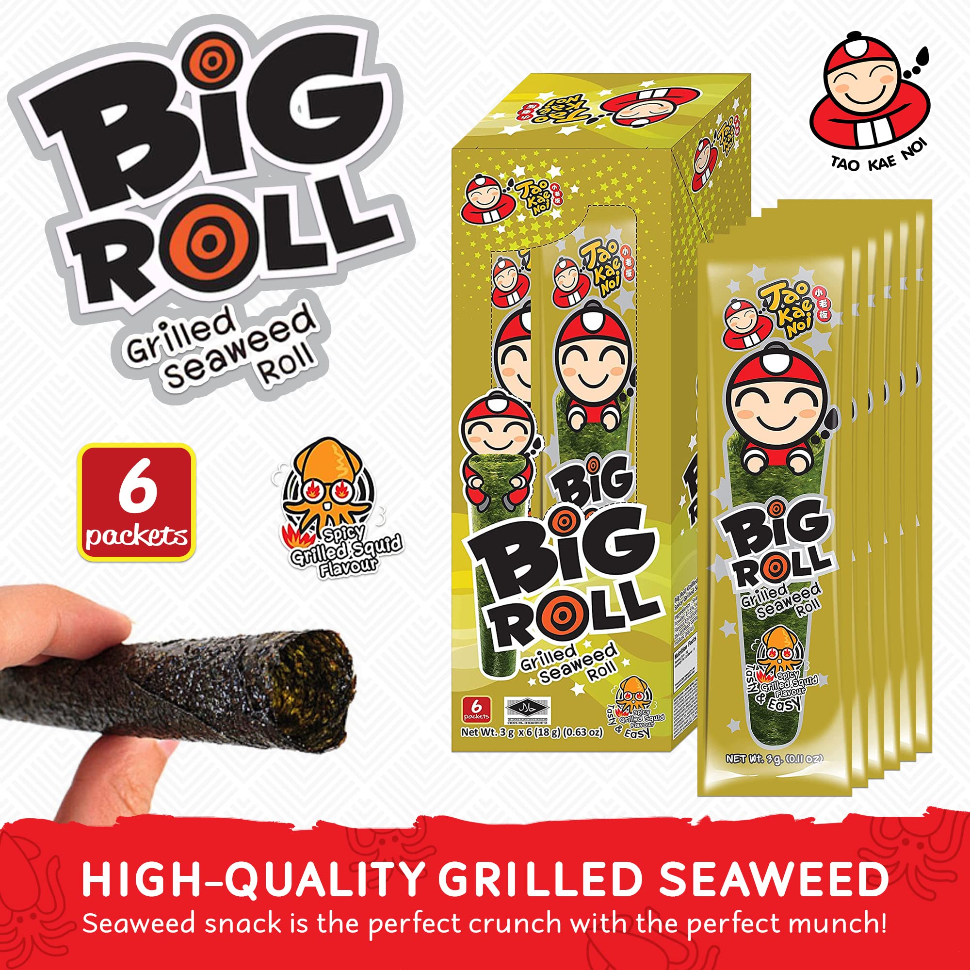 Tao Kae Noi Big Roll Grilled Seaweed Snacks - Squid Flavor (6 Pack, 3g Bags) | Healthy Nori Sheet Rolls for Kids & Adults | Perfect for Lunchboxes, Movie Nights & On-the-Go Snacking