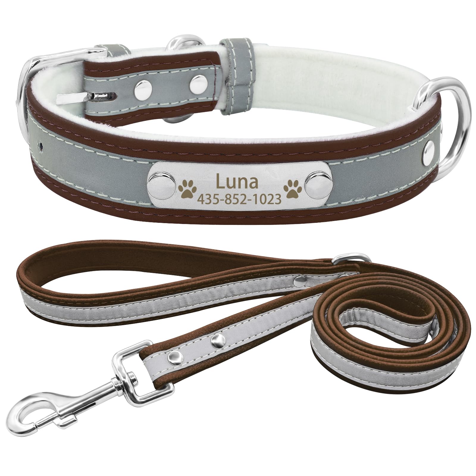 Custom Engraved Reflective Dog Collar & Leash Set with Name Plate - Personalized Leather Pet Collar for Small Medium Large Dogs & Cats | Perfect for Night Walks, Outdoor Adventures & Pet Safety