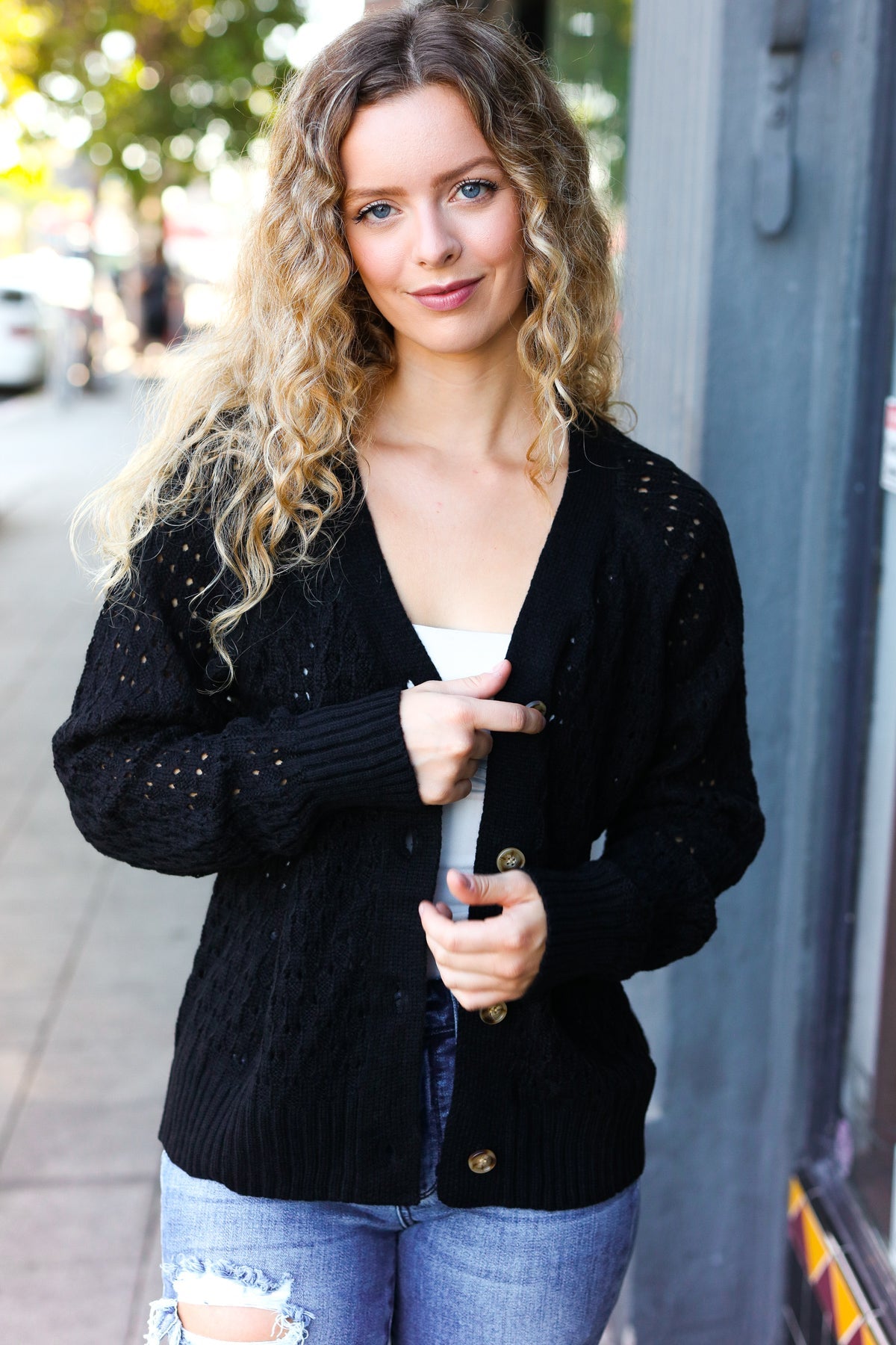Stylish Black Pointelle Knit Button Down Cardigan for Women | Elegant Lace Knit Sweater | Perfect for Office, Date Night & Fall Layering