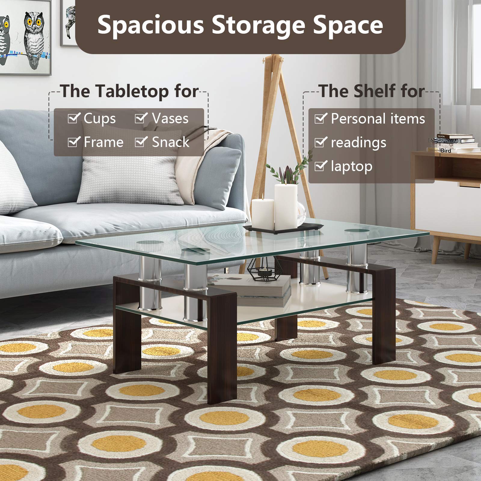 Tangkula Modern Rectangular Glass Coffee Table with Lower Shelf - Tempered Glass Top & Sturdy Metal Legs - Perfect for Living Room, Office, or Lounge (Coffee Table, Side Table)