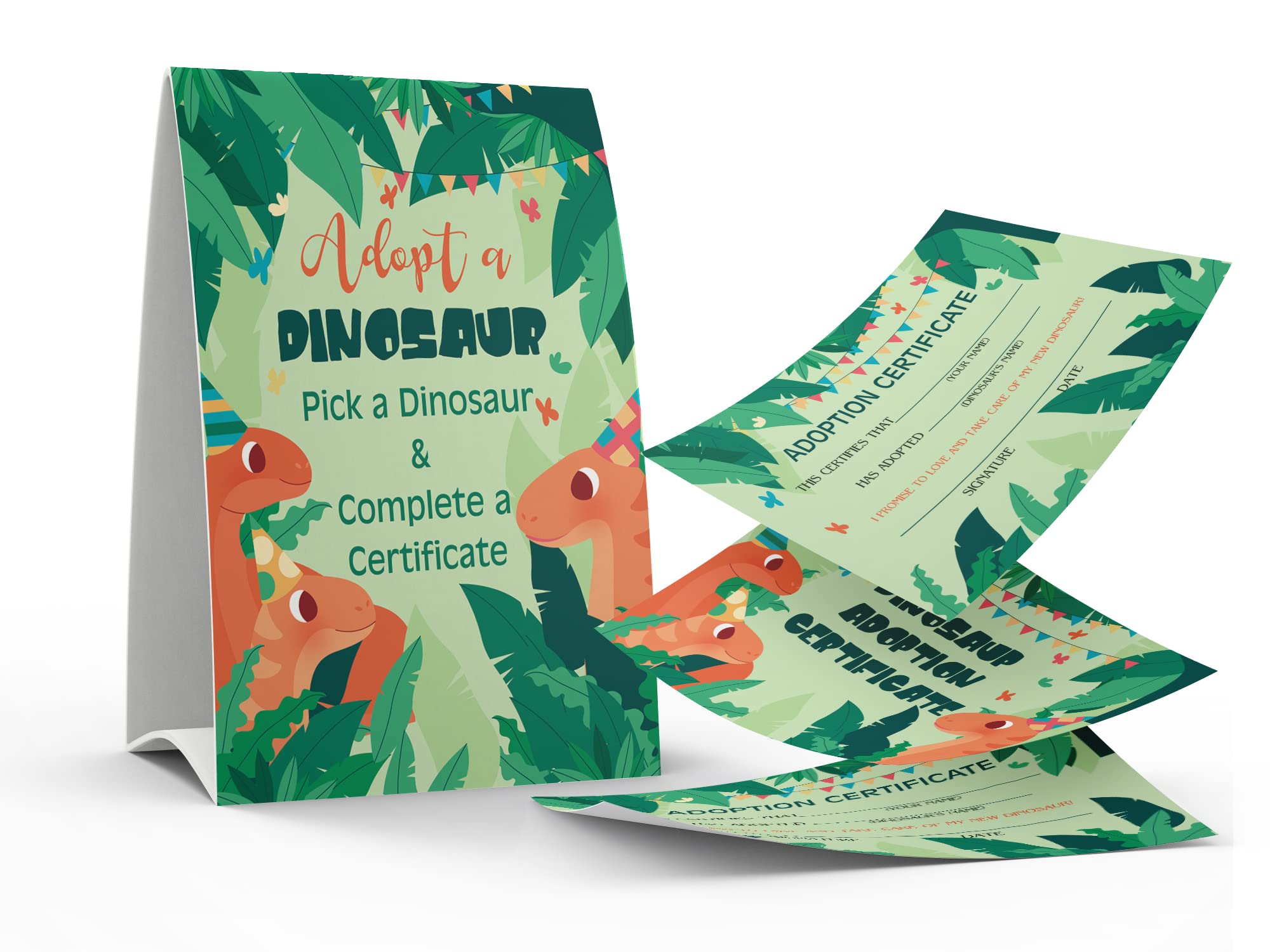 Adopt a Dinosaur Sign & 10 Dinosaur Adoption Certificates Set - Fun Dinosaur Party Supplies for Kids Birthday, Classroom Activities & Adoption Theme Events