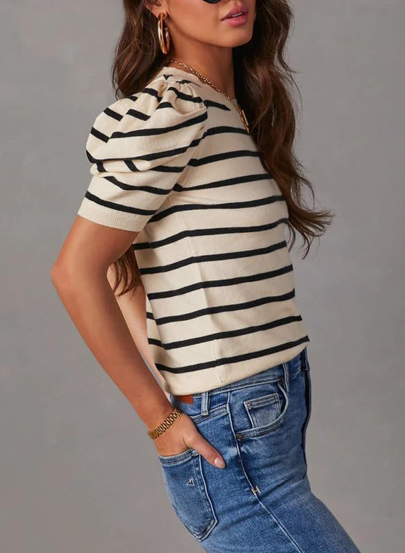 Dokotoo Women's Short Puff Sleeve Knit Top - 2025 Trendy Striped Crewneck T-Shirt | Casual Summer Blouse for Streetwear, Beach & Date Night Outfits