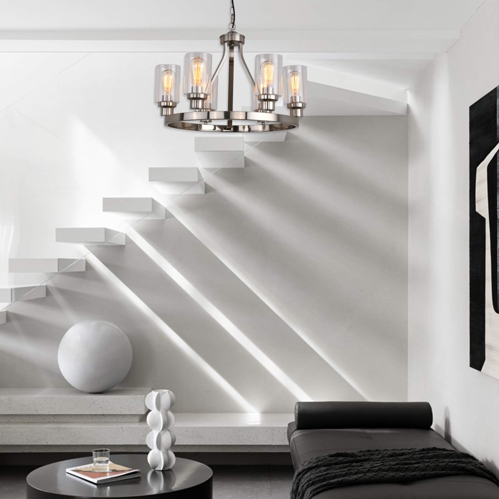 Modern 6-Light Brushed Nickel Chandelier with Glass Pendants - Elegant Dining Room Lighting Fixture for Kitchen, Living Room & Bedroom - Perfect for Family Dinners, Entertaining Guests & Cozy Home Decor