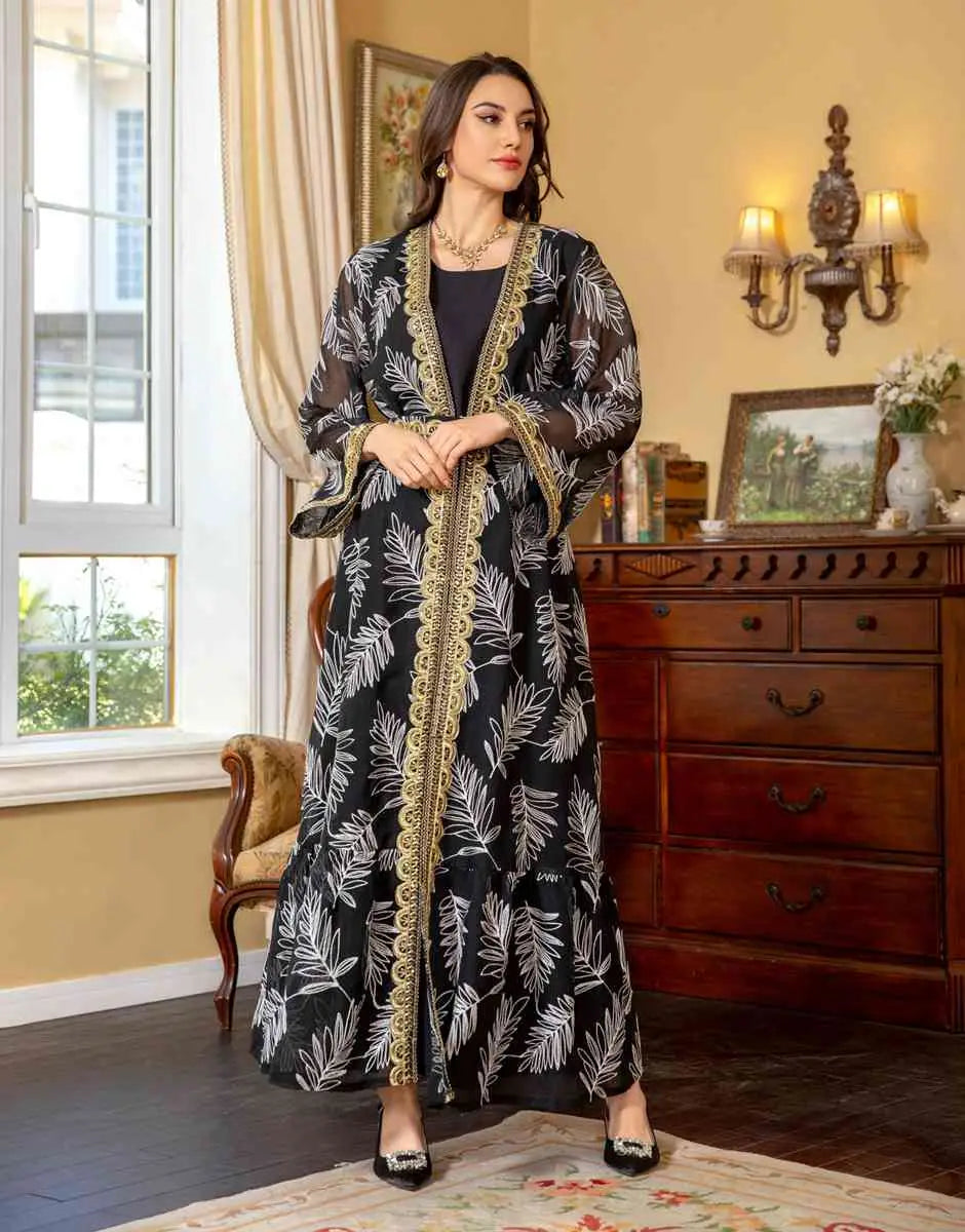 Elegant 2-Piece Eid Dress Set - Embroidered Caftan Kaftan with Sleeveless Inner Dress | Perfect for Eid Celebrations, Weddings & Special Occasions