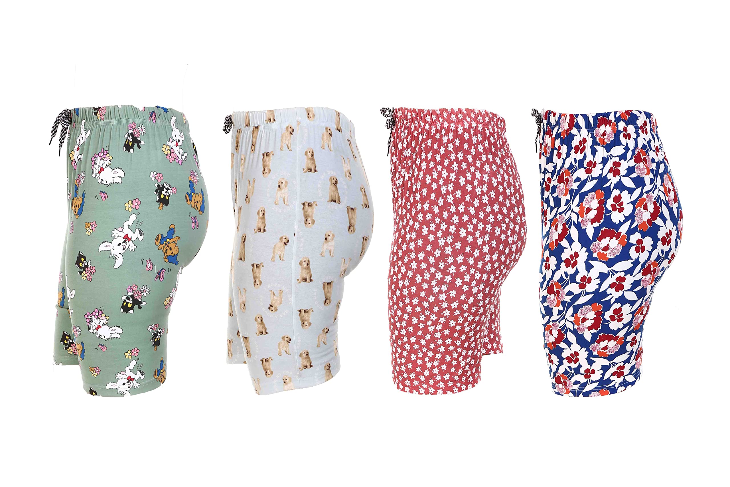 MUKHAKSH 4-Pack Girls Cotton Printed Shorts - Yoga, Running, Gym, Lounge, Beach & Casual Wear - Soft, Breathable & Comfortable - Perfect for Workouts, Sleep & Outdoor Activities