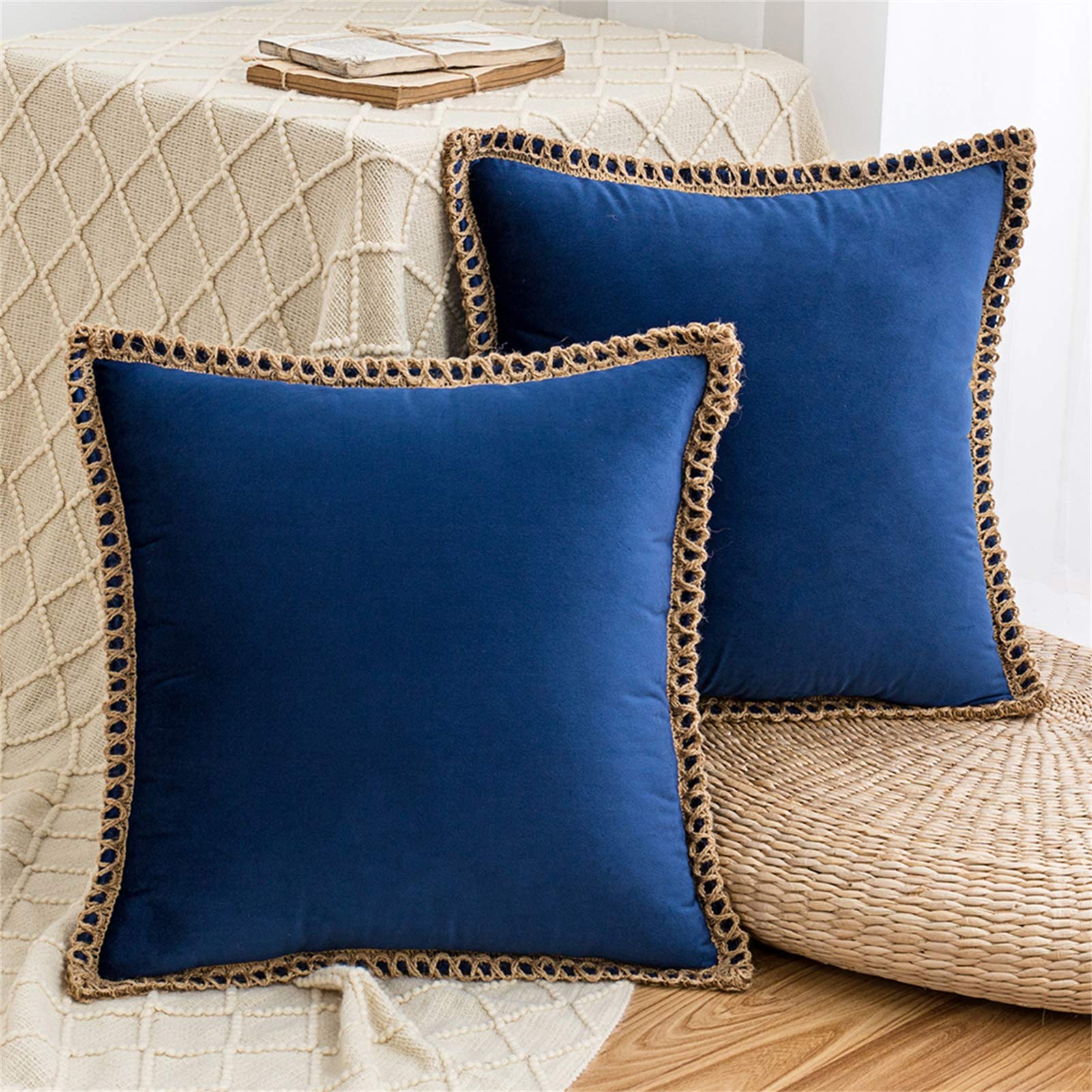 2 Pack AQOTHES Velvet Decorative Farmhouse Pillow Covers with Burlap Trim & Tailored Edges - 20x20 Inch Dark Blue Throw Pillow Covers for Sofa, Couch, Bed & Home Decor