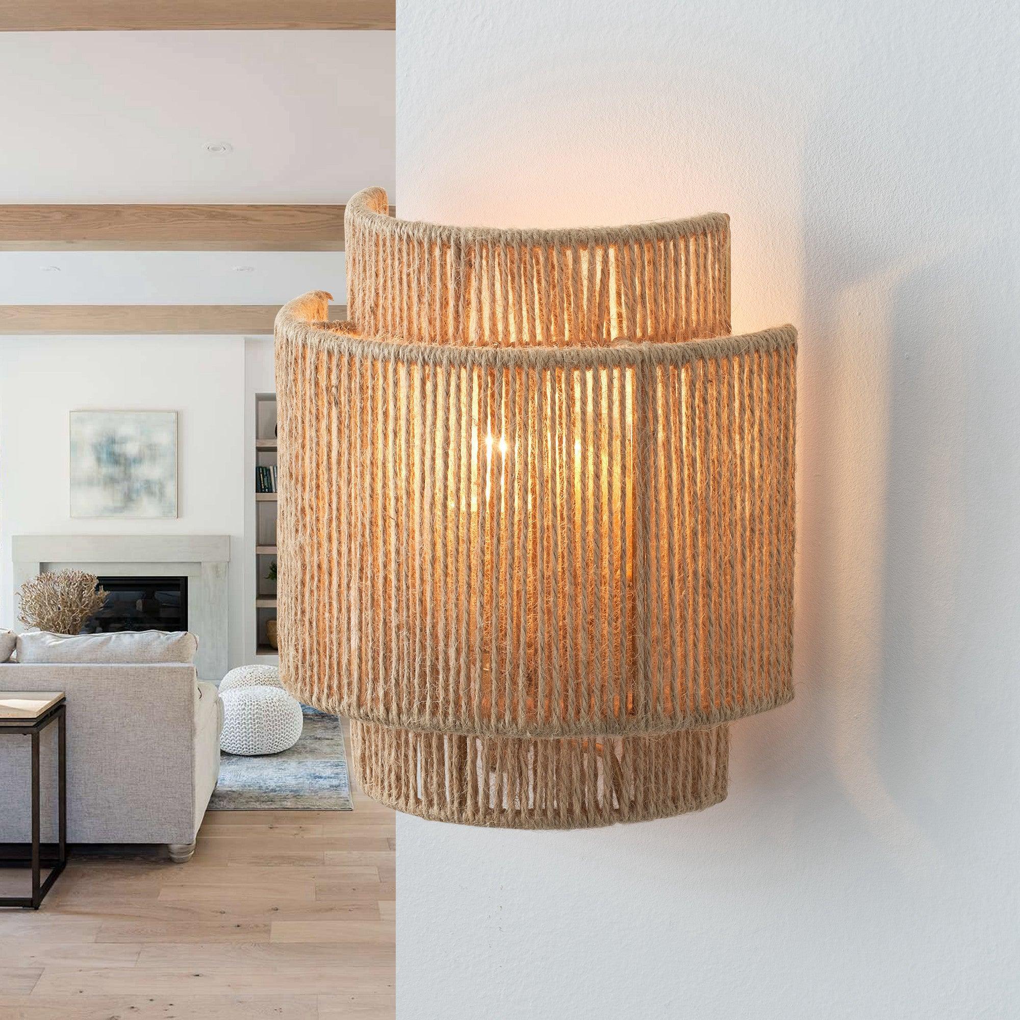 Farmhouse Rattan Wall Sconce Light - Vintage Style 1-Light Fixture for Bedroom, Living Room & Porch Lighting