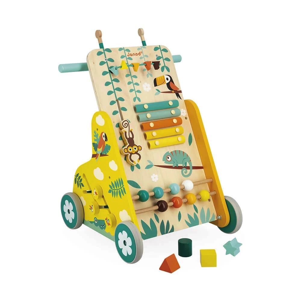 Janod Tropik Multi-Activity Wooden Baby Push Walker Toy - Educational Learning & Play for Toddlers 12-36 Months - Perfect for Indoor & Outdoor Use