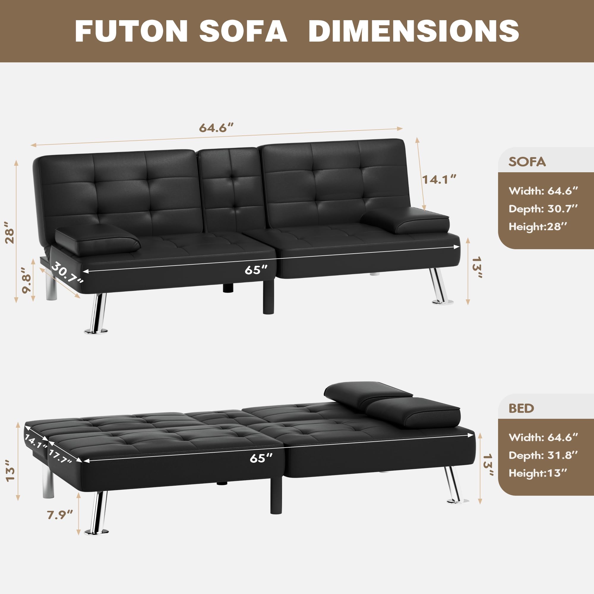 Homall Leather Futon Sofa Bed - Adjustable Recliner Sleeper Couch with Removable Armrests & Dual Cup Holders, Black | Perfect for Small Spaces, Living Rooms, Apartments & Offices | Multi-Functional Furniture for Lounging, Sleeping & Entertaining