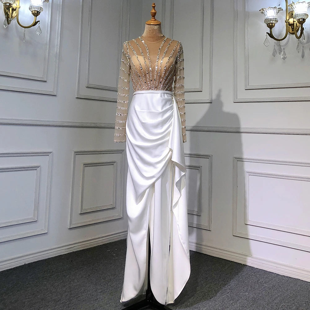 Elegant White Long Sleeve Mermaid Evening Dress with Beaded Detail - Split Hem Formal Gown for Women's Party & Special Occasions - Serene Hill LA71531 | Perfect for Weddings, Galas & Red Carpet Events