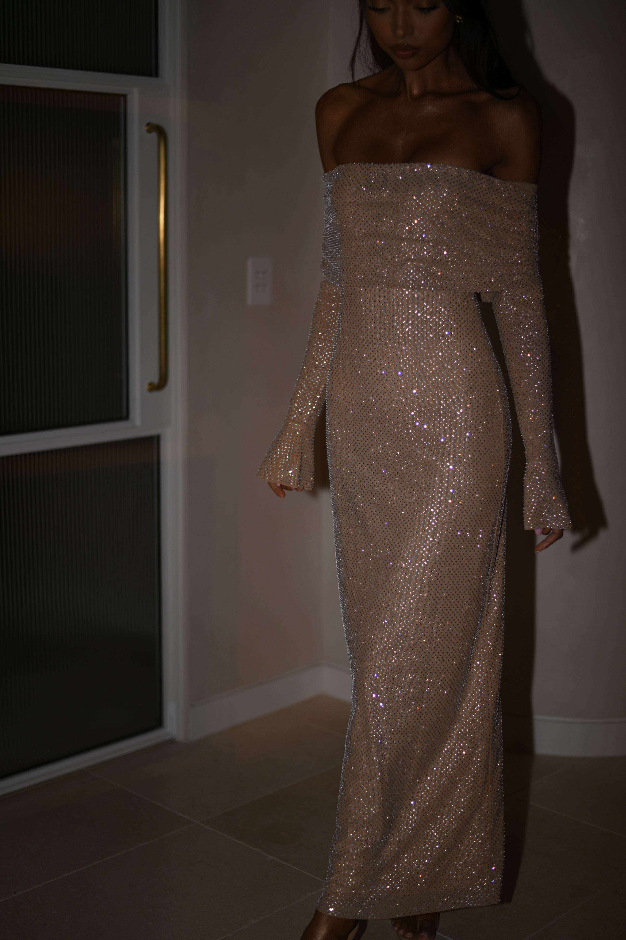Elegant Marcel Off Shoulder Diamante Maxi Dress in Nude - Perfect for Weddings, Parties & Special Occasions