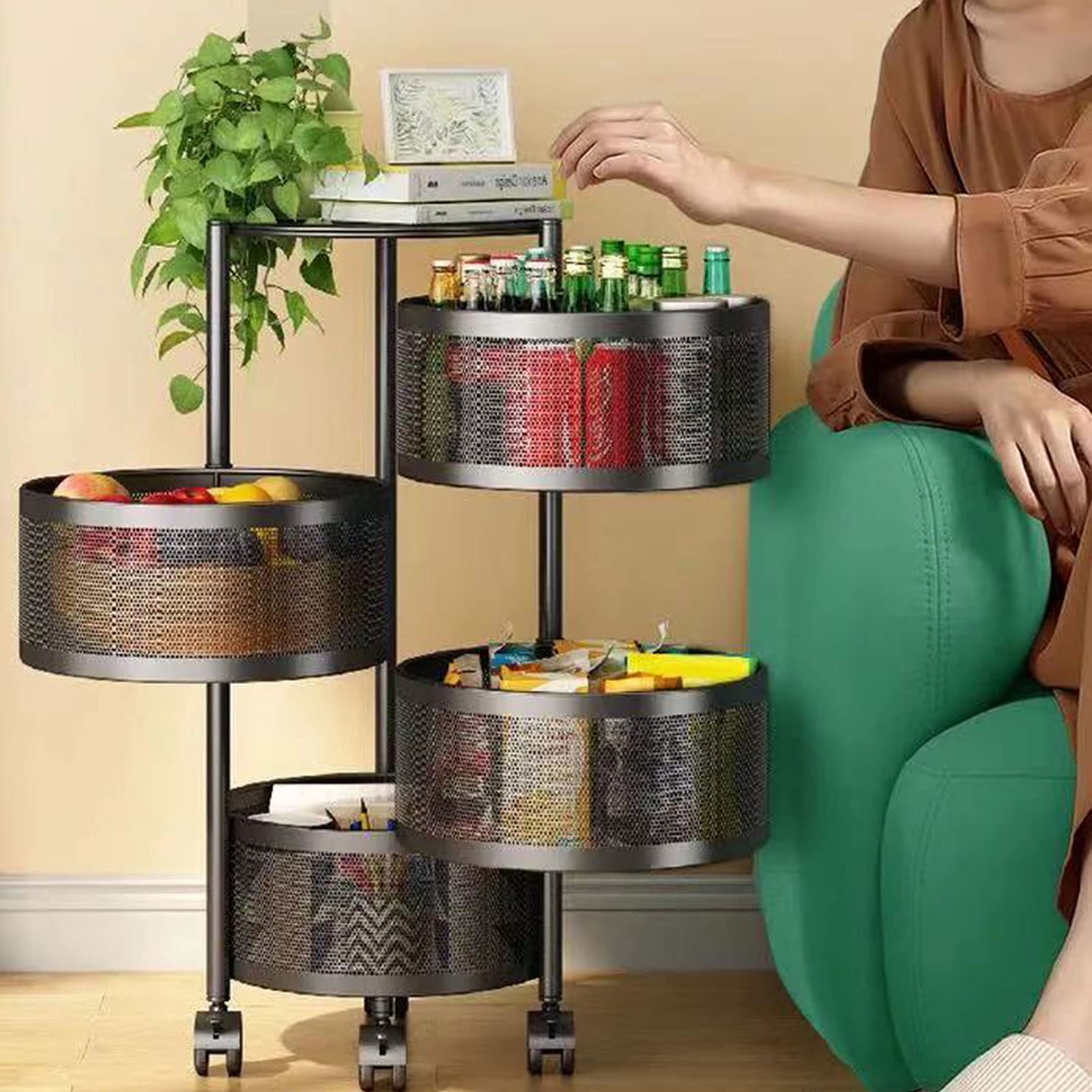 4-Tier Rolling Utility Cart with Rotating Baskets - Mobile Storage Organizer for Kitchen, Pantry, Bathroom | Space-Saving Vegetable & Fruit Stand with Locking Wheels | Ideal for Grocery Storage, Bathroom Supplies & Home Organization