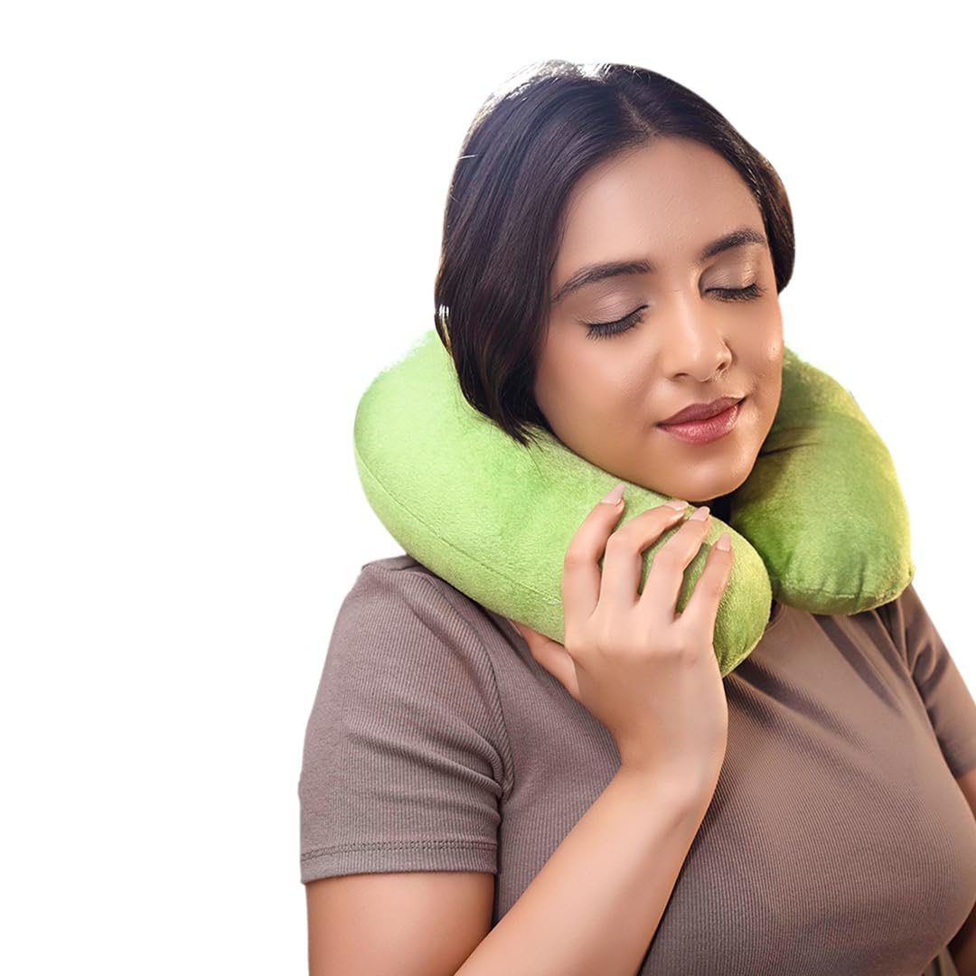 CareFoam Memory Foam Neck Pillow for Travel - Ergonomic Support for Airplane, Car & Train Sleeping - Lightweight Travel Pillow with Premium Velvet Cover for Men & Women (Green) - Perfect for Long Flights, Road Trips & Commuting