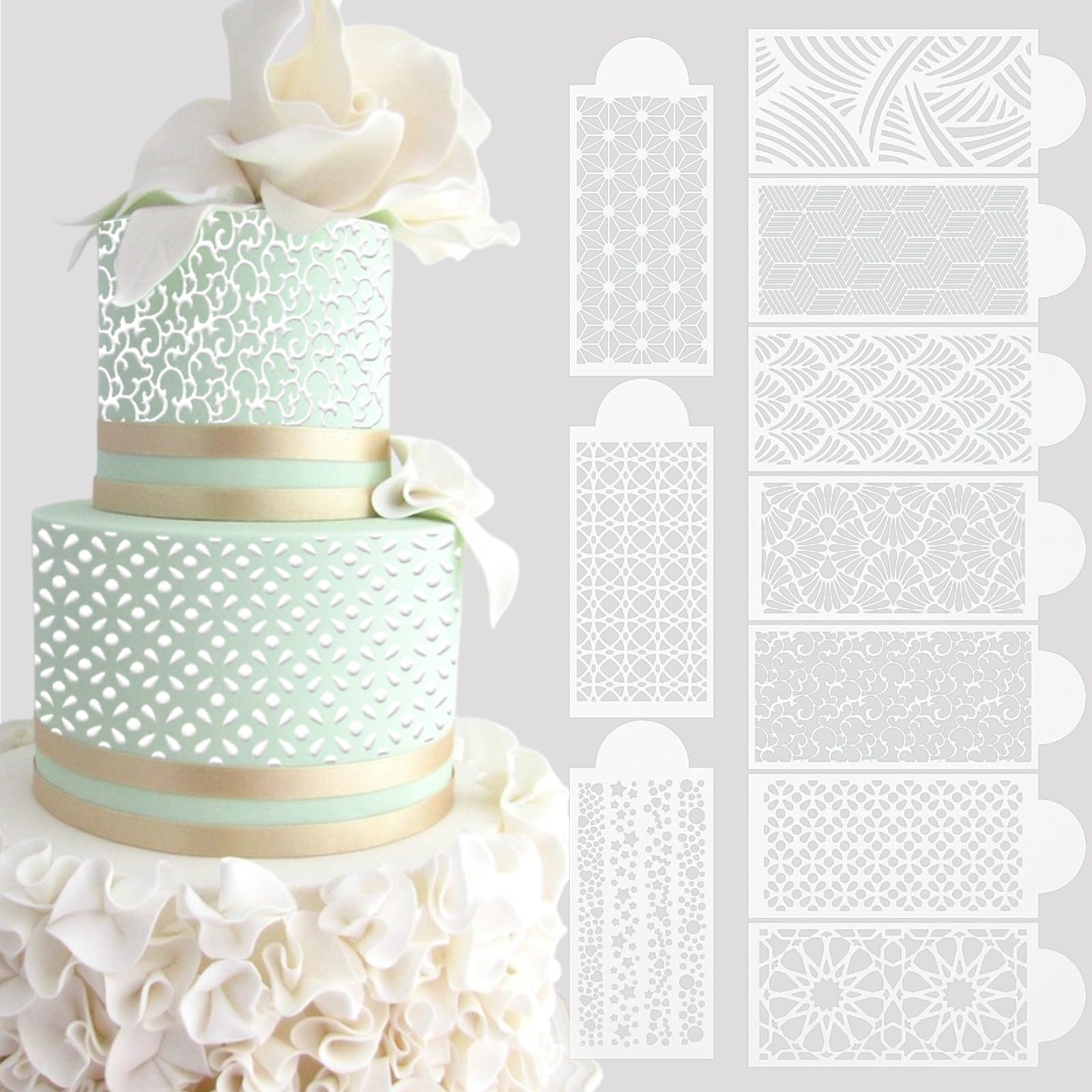 10 Pcs Floral & Geometric Cake Stencils Set - Wedding, Icing, Fondant, Cookie Decorating Templates for Buttercream & Dessert Baking Supplies - Perfect for DIY Cake Decoration, Birthday Parties & Wedding Cakes
