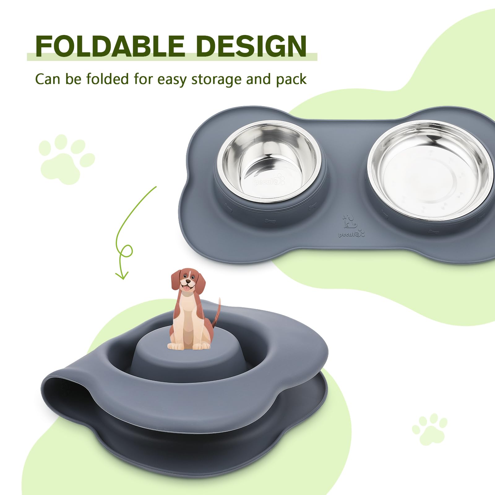 **Pecute Non-Slip Stainless Steel Dog Bowls Set - 2 Pack (14oz Each) with Anti-Spill Silicone Mat for Cats, Puppies & Small Dogs - Perfect for Food & Water Feeding at Home or Travel (Grey)**