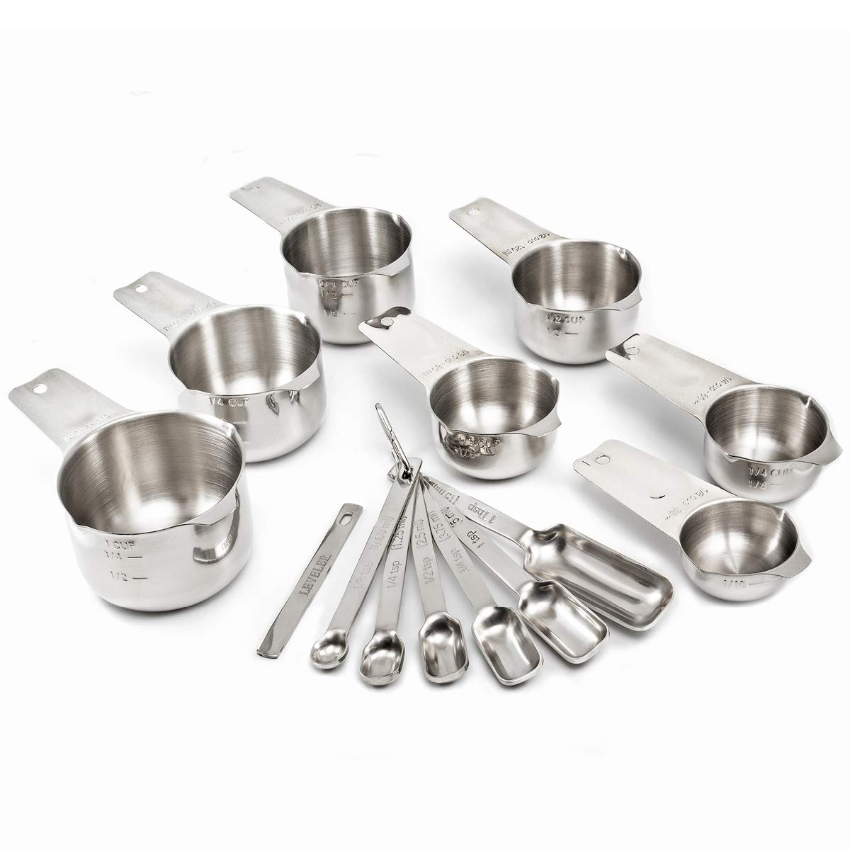 2lbDepot 14-Piece Stainless Steel Measuring Cups and Spoons Set - 7 Cups, 6 Spoons & 1 Leveler for Precise Baking & Cooking - Perfect for Dry & Liquid Ingredients - Ideal for Home Kitchen, Professional Bakeries & Culinary Schools