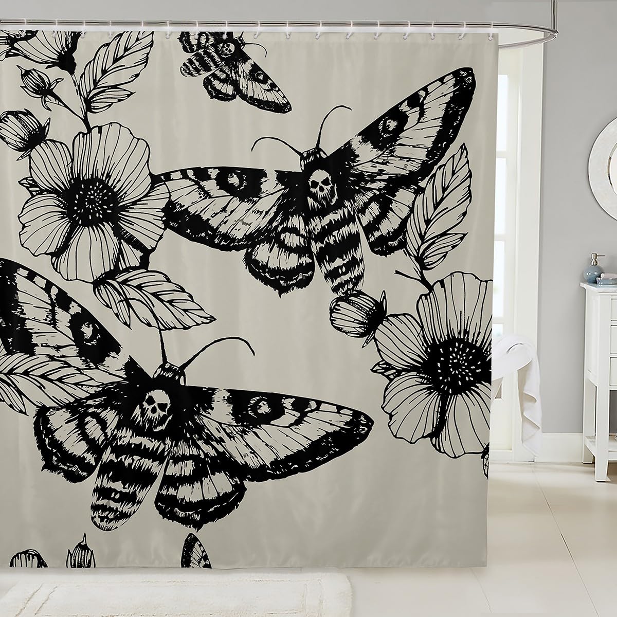 Gothic Skull Shower Curtain Set - Death Moth & Floral Design, Black & Cream Waterproof Bathroom Curtain 72x78 Inches - Perfect for Halloween Decor, Gothic Bathroom Theme, and Unique Home Decor