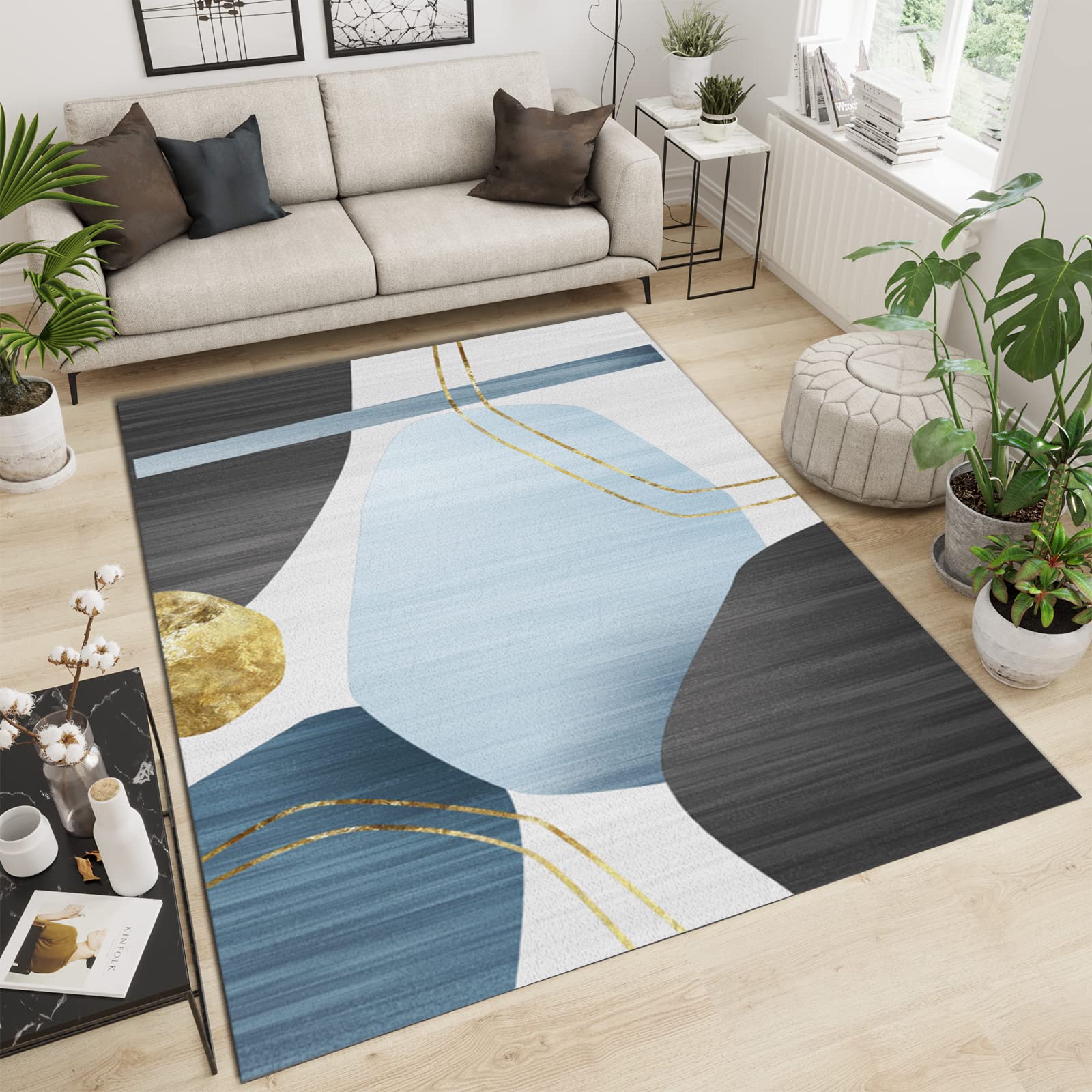 Modern Minimalist Line Irregular Printed Pattern Area Rug - Super Soft Fluffy Machine Washable Non-Slip Carpet for Living Room Bedroom Study - Durable 5x8ft Home Decor Rug for Cozy Comfort & Stylish Interior Design