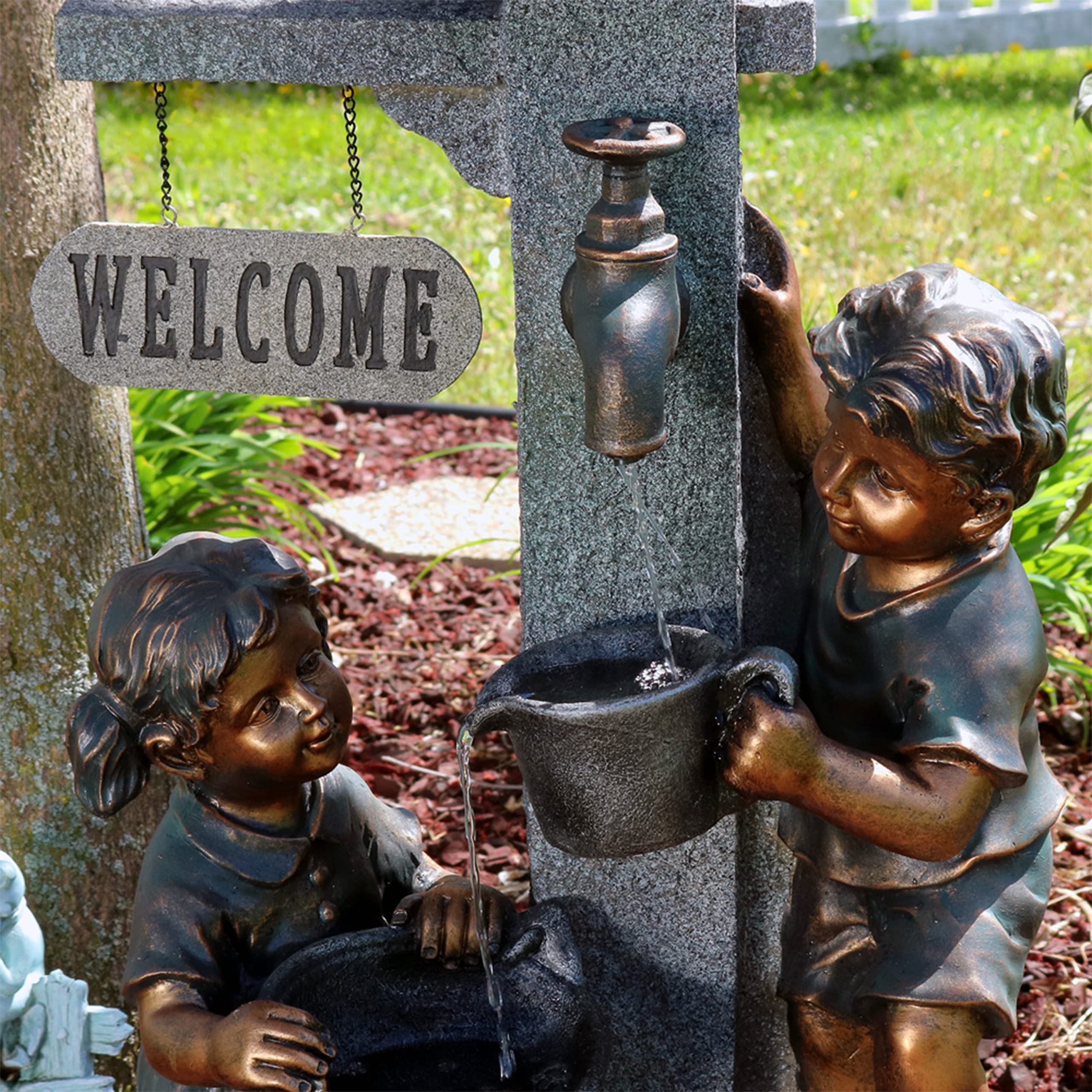 40-Inch LED Outdoor Water Fountain for Kids - Sunnydaze Garden Water Feature with Faucet for Patio, Yard & Balcony | Perfect for Children's Play Area & Backyard Decor