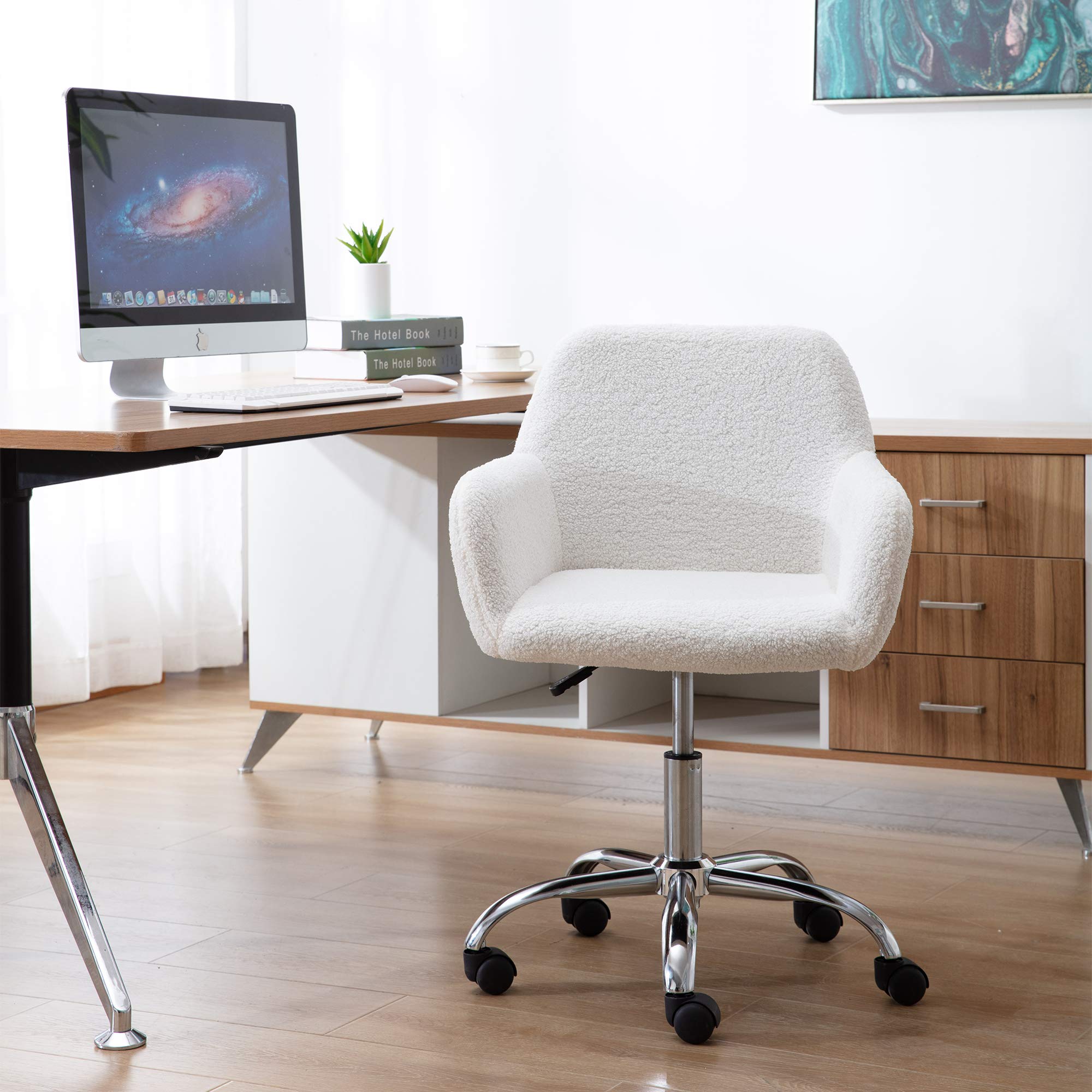 Henf Faux Fur Office Chair - Modern Swivel Desk Chair with Wheels, Tufted Vanity Chair for Home Office & Kids Room, White - Perfect for Work, Study & Makeup Station