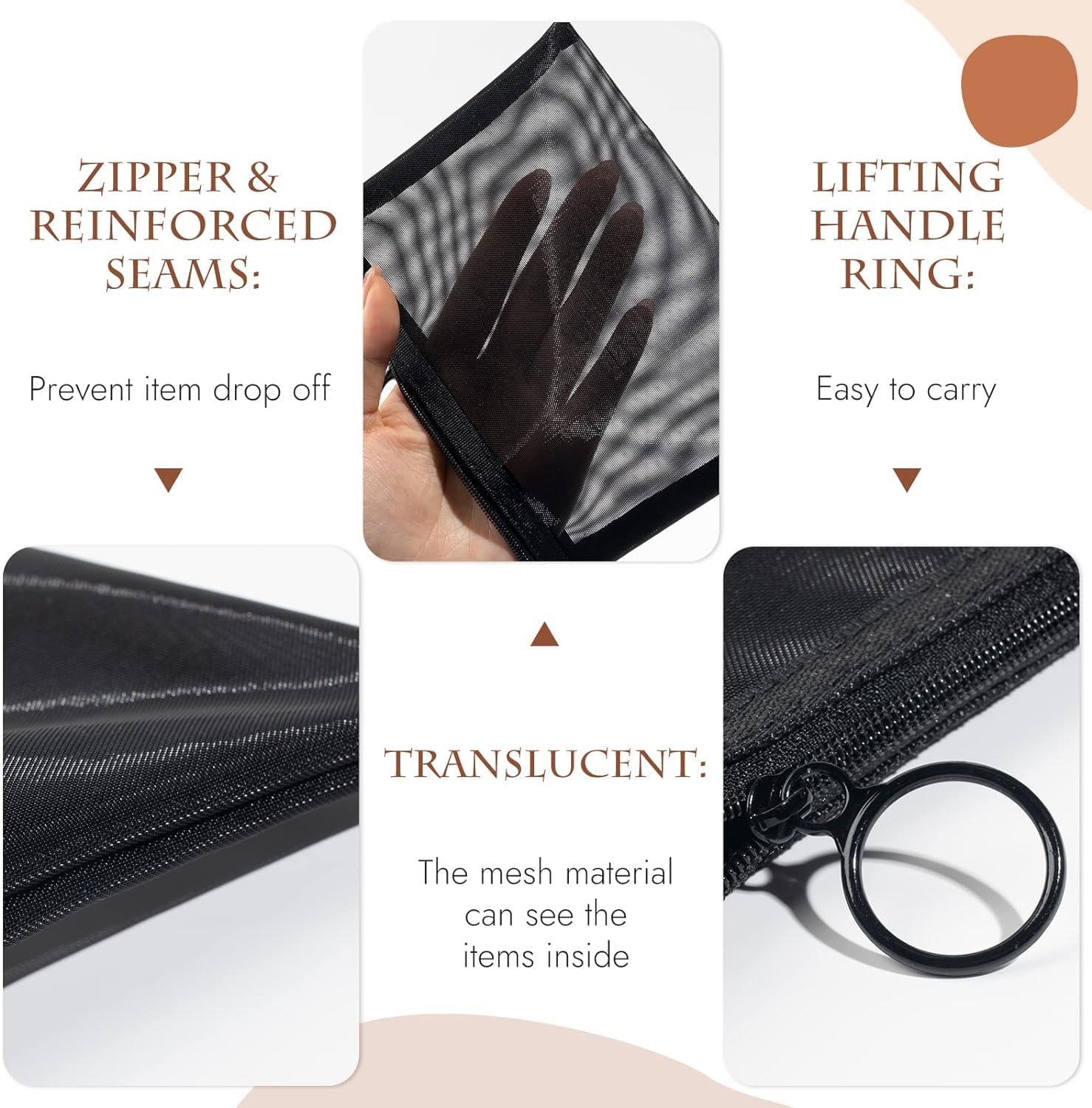 NEOUTH Mini Toiletry Bag Set - 4 Pack Black Zippered Mesh Cosmetic Organizer for Travel, Makeup & Beauty Accessories Storage - Perfect for Gym, Vacation & Daily Essentials Organization