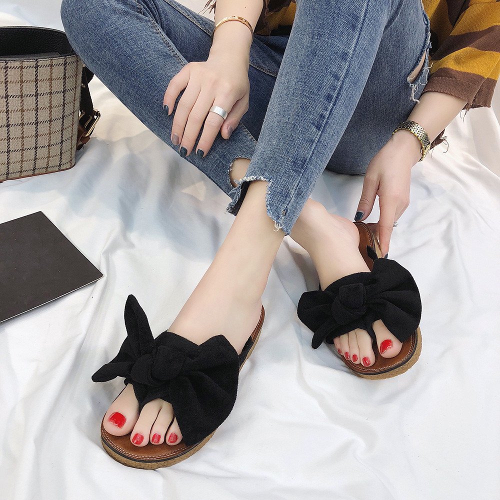 Women's Flat Slide Sandals with Cork Sole & Cute Knot Bow - Comfortable Canvas Summer Sandals for Beach, Pool, and Casual Outings