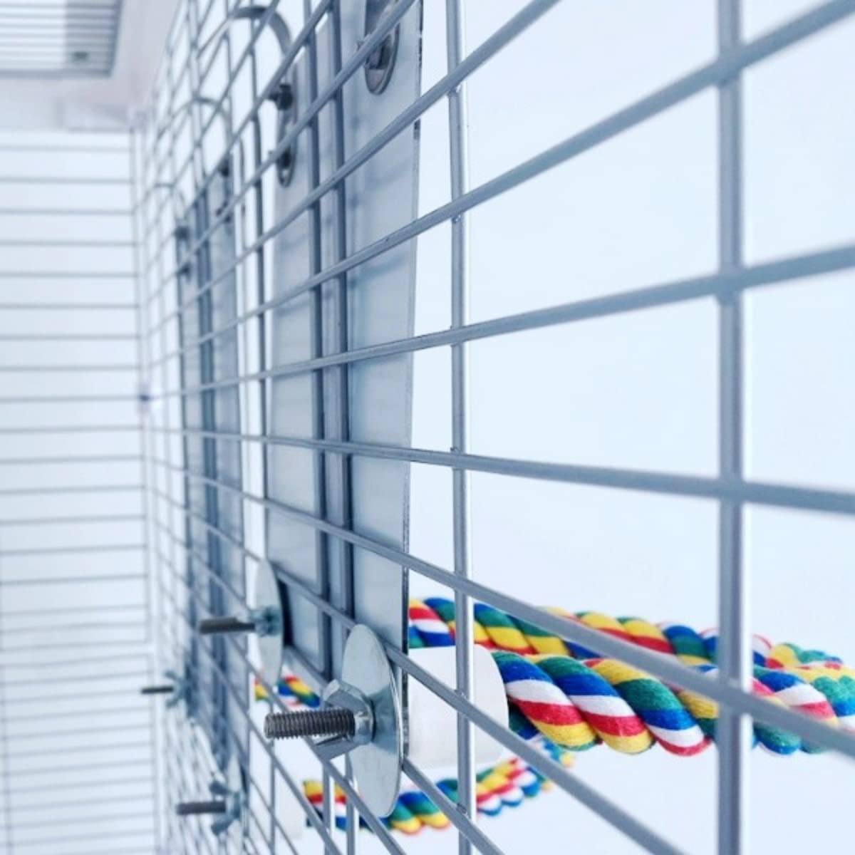 Stainless Steel & Acrylic Bird Mirror with Colorful Cotton Rope Perch for Finches, Cockatiels, Parrots, Conures, Lovebirds, Canaries - Perfect for Bird Cages, Aviaries & Play Gyms
