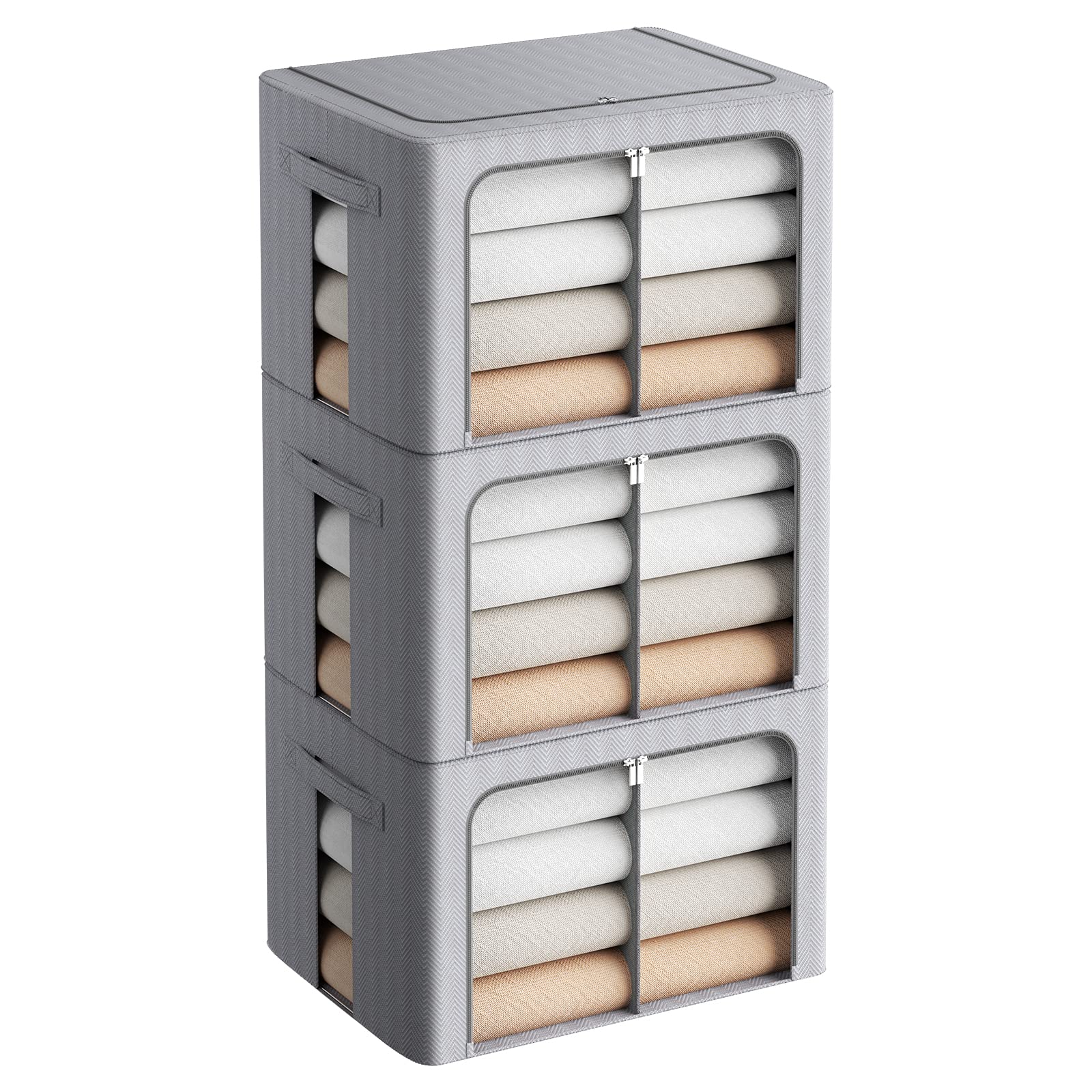 3 Pack Foldable Metal Frame Storage Bins - Large Capacity 66L Oxford Fabric Clothes Organizer with Clear Windows & Sturdy Handles for Bedding, Clothing (Light Grey) | Perfect for Closet, Underbed, Nursery & Dorm Organization