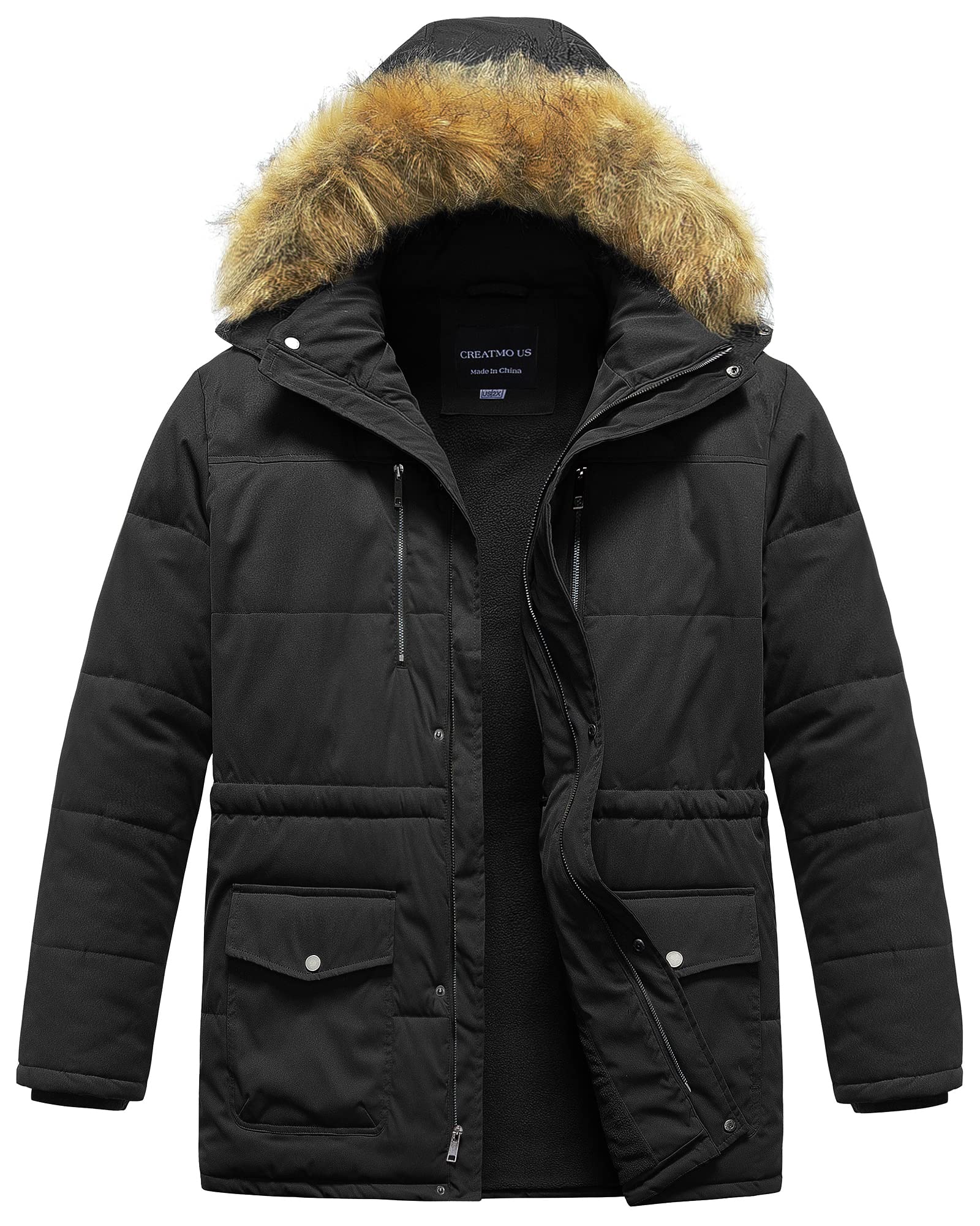 CREATMO Men's Big & Tall Waterproof Winter Puffer Jacket with Removable Fur Hood - Heavyweight Insulated Parka Coat for Cold Weather - Perfect for Snowboarding, Hiking & Outdoor Activities