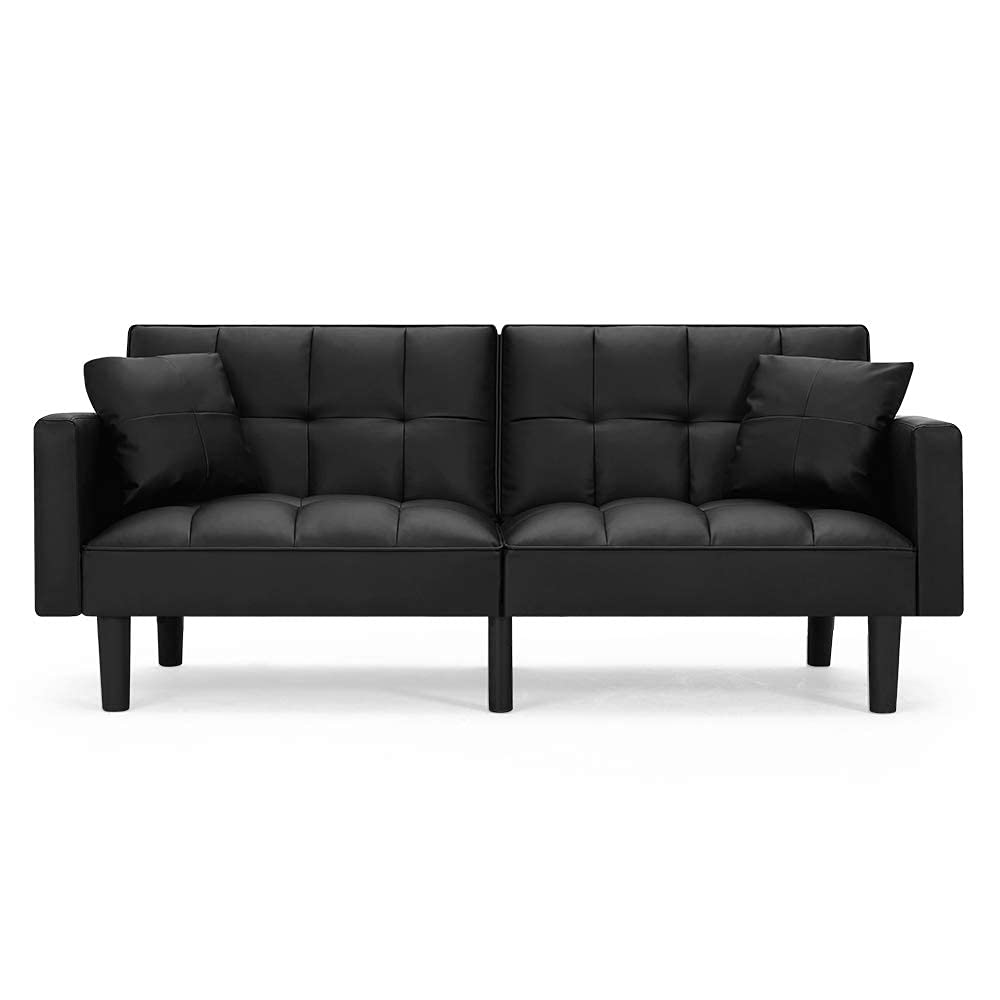Modern Leather Convertible Futon Sofa Bed - Adjustable Back Recliner with Armrests - Folding Couch for Small Spaces - Black - Perfect for Living Rooms, Apartments & Guest Rooms